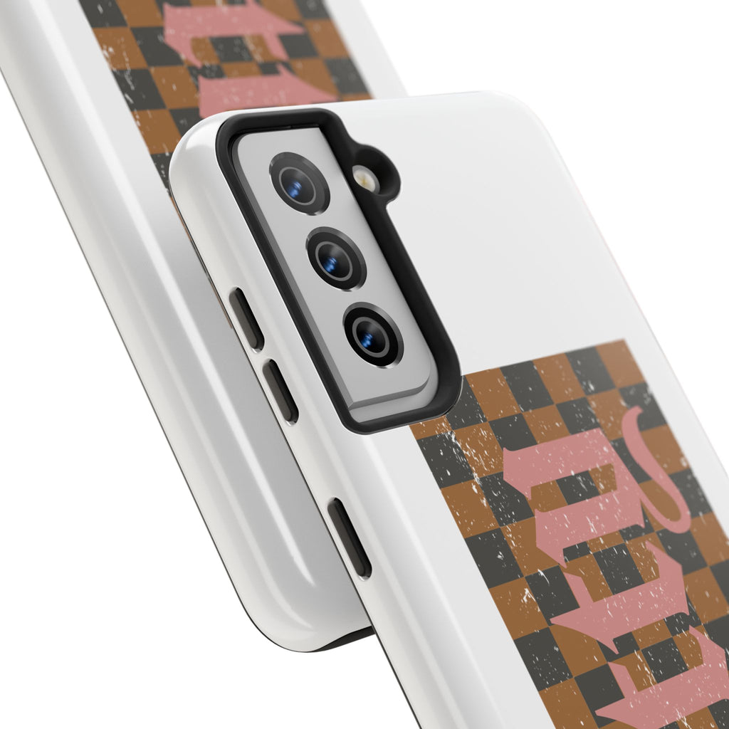 Checkerboard 'Tough' Retro Phone Case — Pink Gothic Text, Grunge Pattern