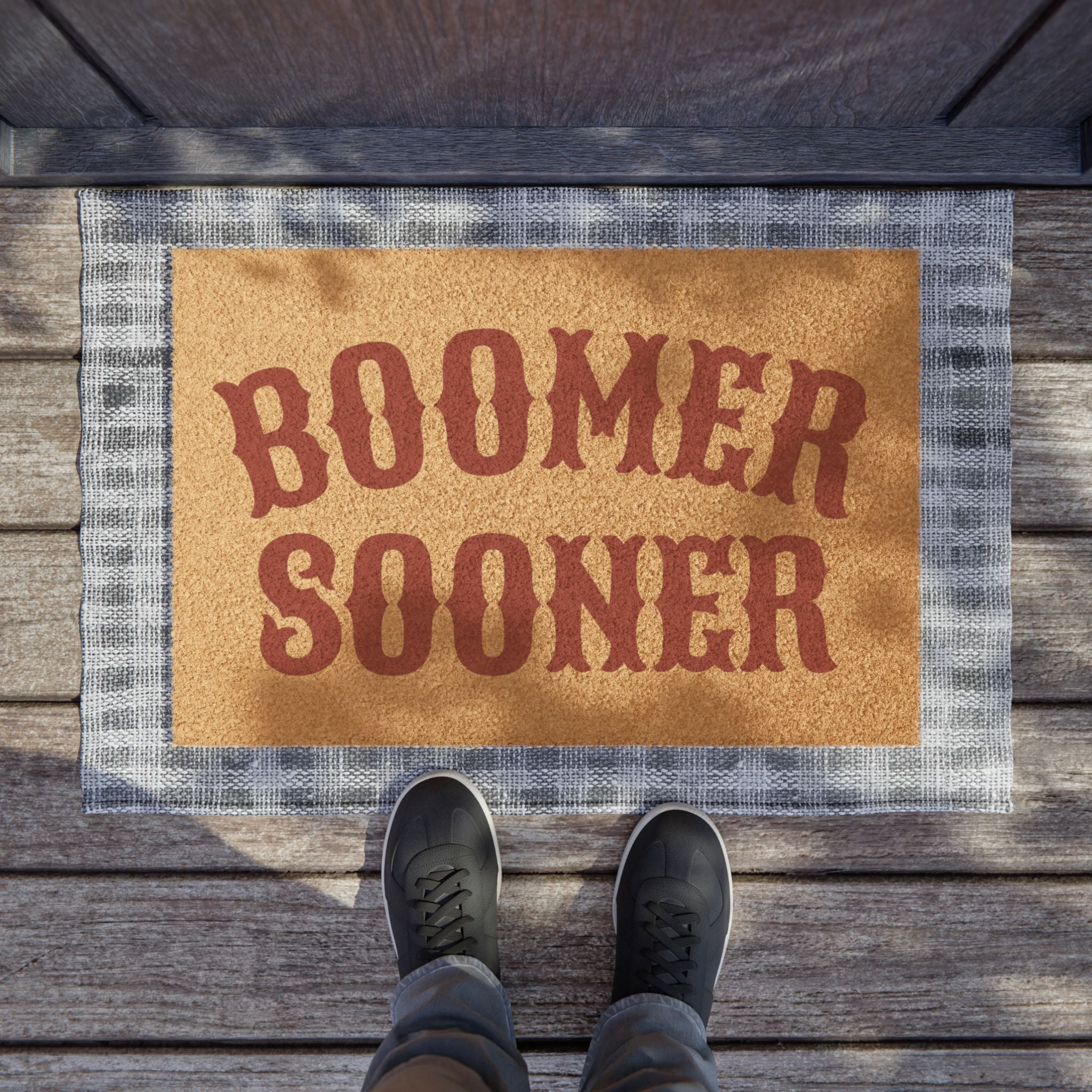 Boomer Sooner Doormat — Oklahoma Sooners Welcome Mat, Collegiate Game Day Porch Rug