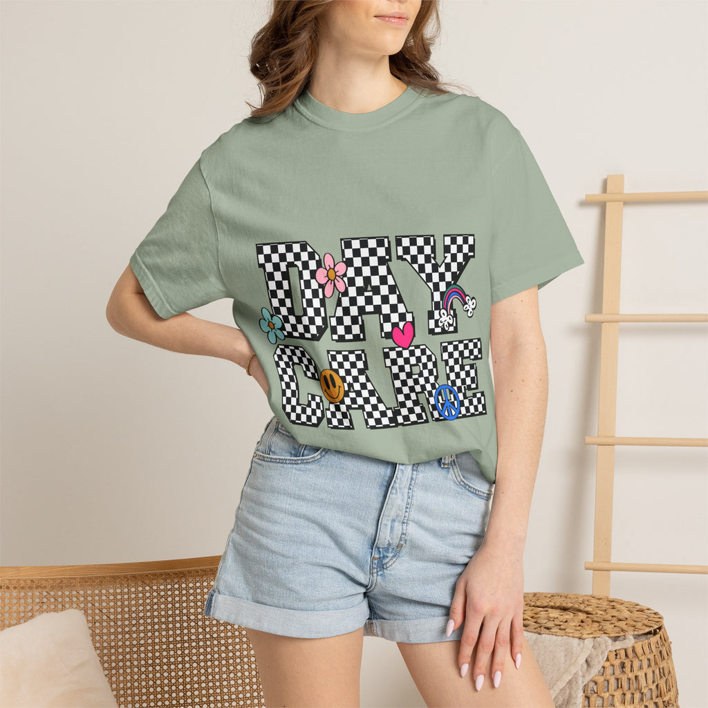 Day Care Checkerboard T‑Shirt — Playful Smiley & Floral Kids Graphic Tee