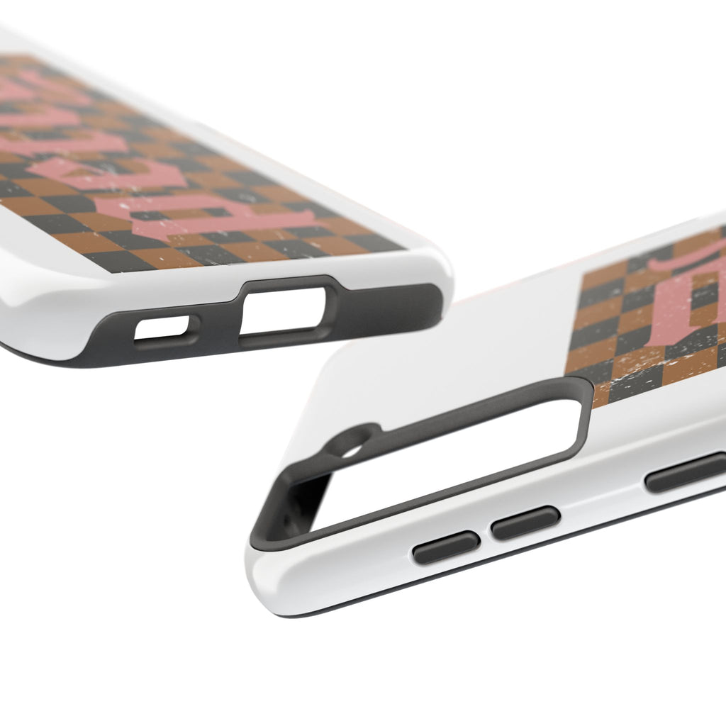 Checkerboard 'Tough' Retro Phone Case — Pink Gothic Text, Grunge Pattern
