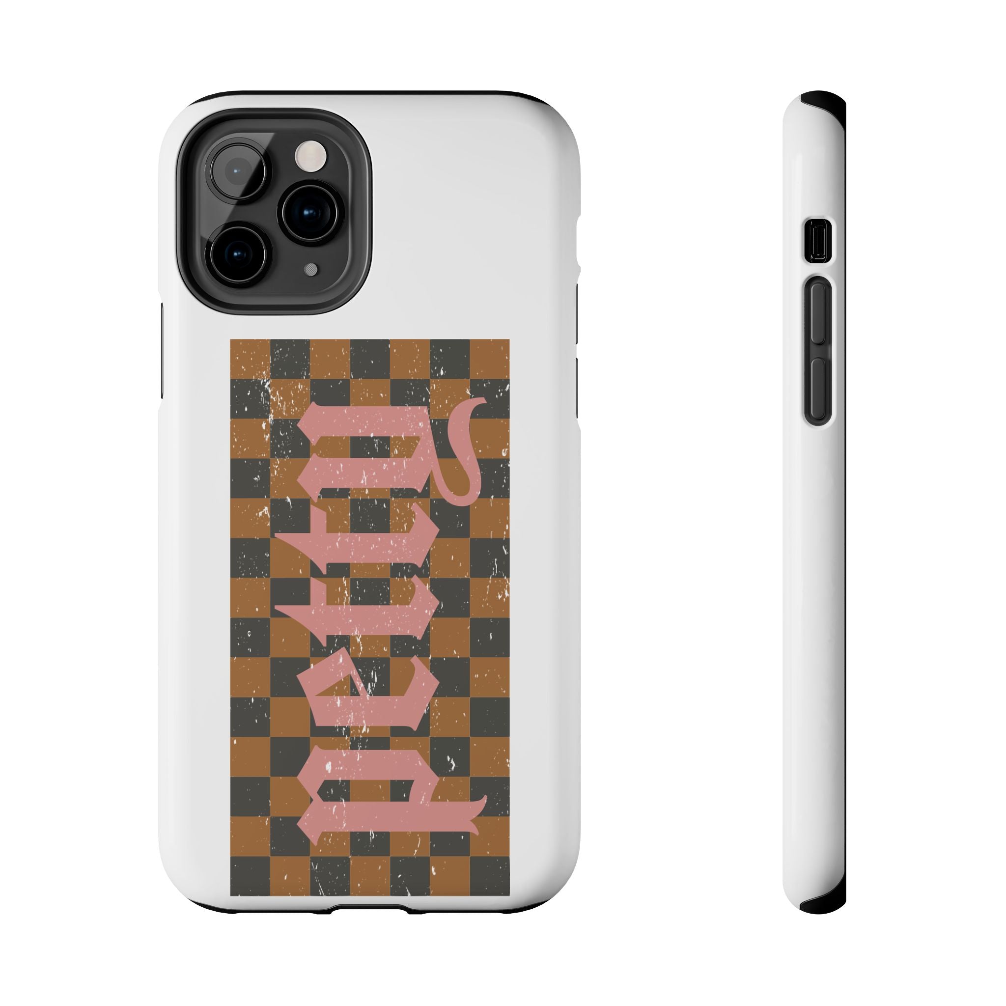 Checkerboard 'Tough' Retro Phone Case — Pink Gothic Text, Grunge Pattern