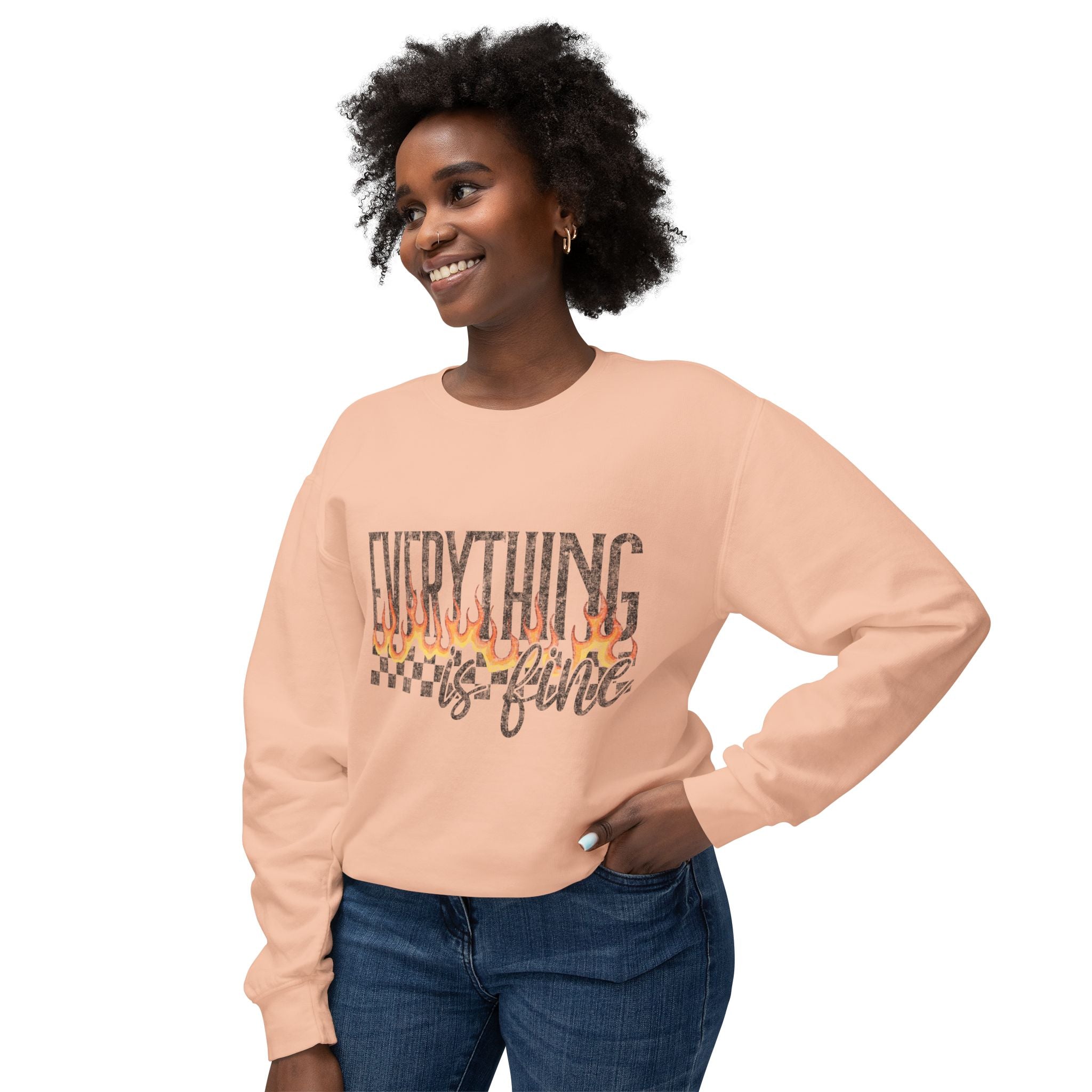 Everything Is Fine Crewneck Sweatshirt — Retro Flames & Checkered Graphic