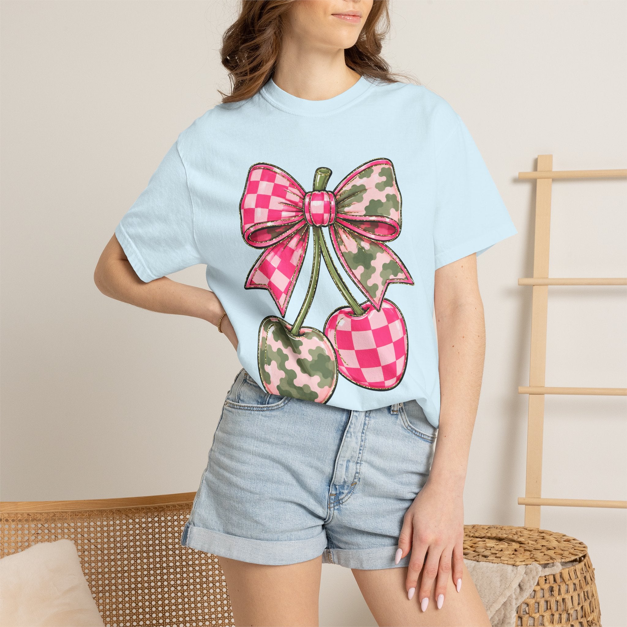 Pink Camo Checker Cherry Tee — Bow Graphic T-Shirt