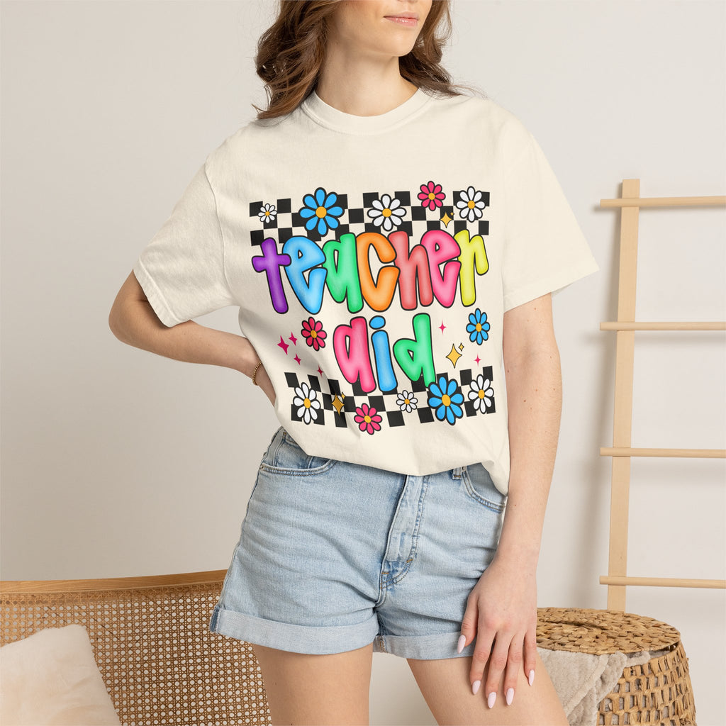 Teacher Aid T-Shirt — Colorful Retro Flower Checkerboard Design