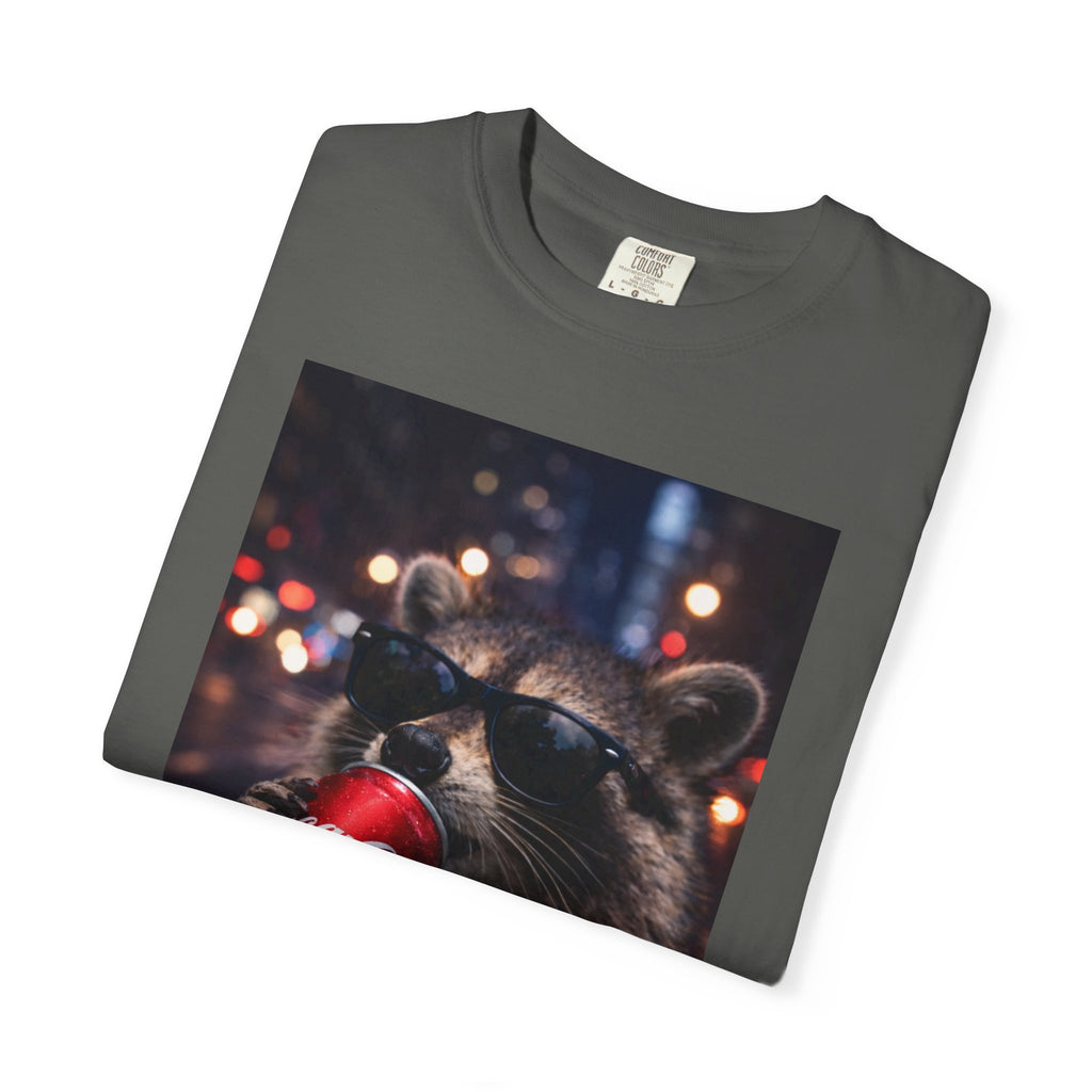 Raccoon Drinking Soda Photo T-Shirt — Funny Urban Wildlife Graphic Tee