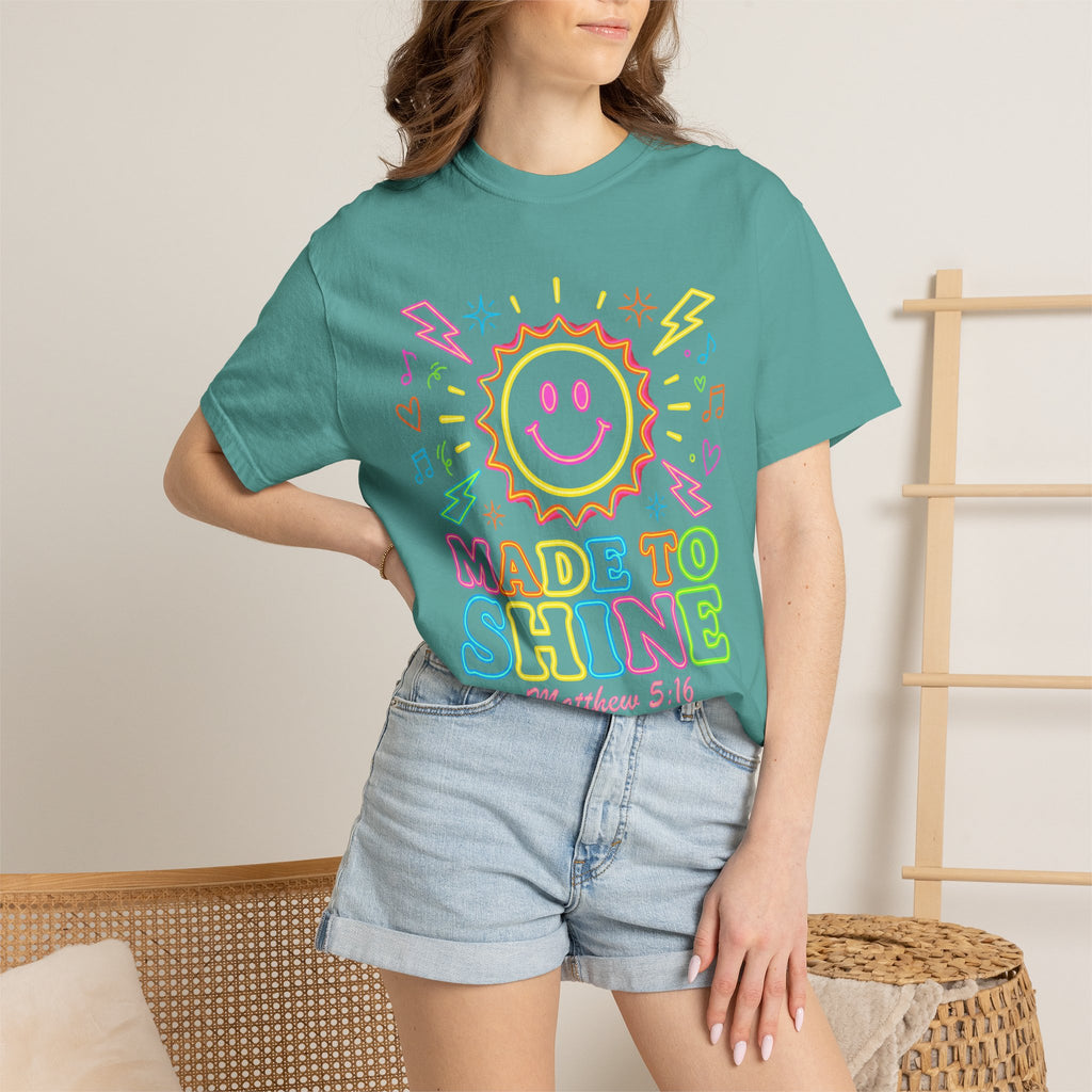 Made to Shine T‑Shirt — Pastel Smiley Sun Christian Graphic (Matthew 5:16)