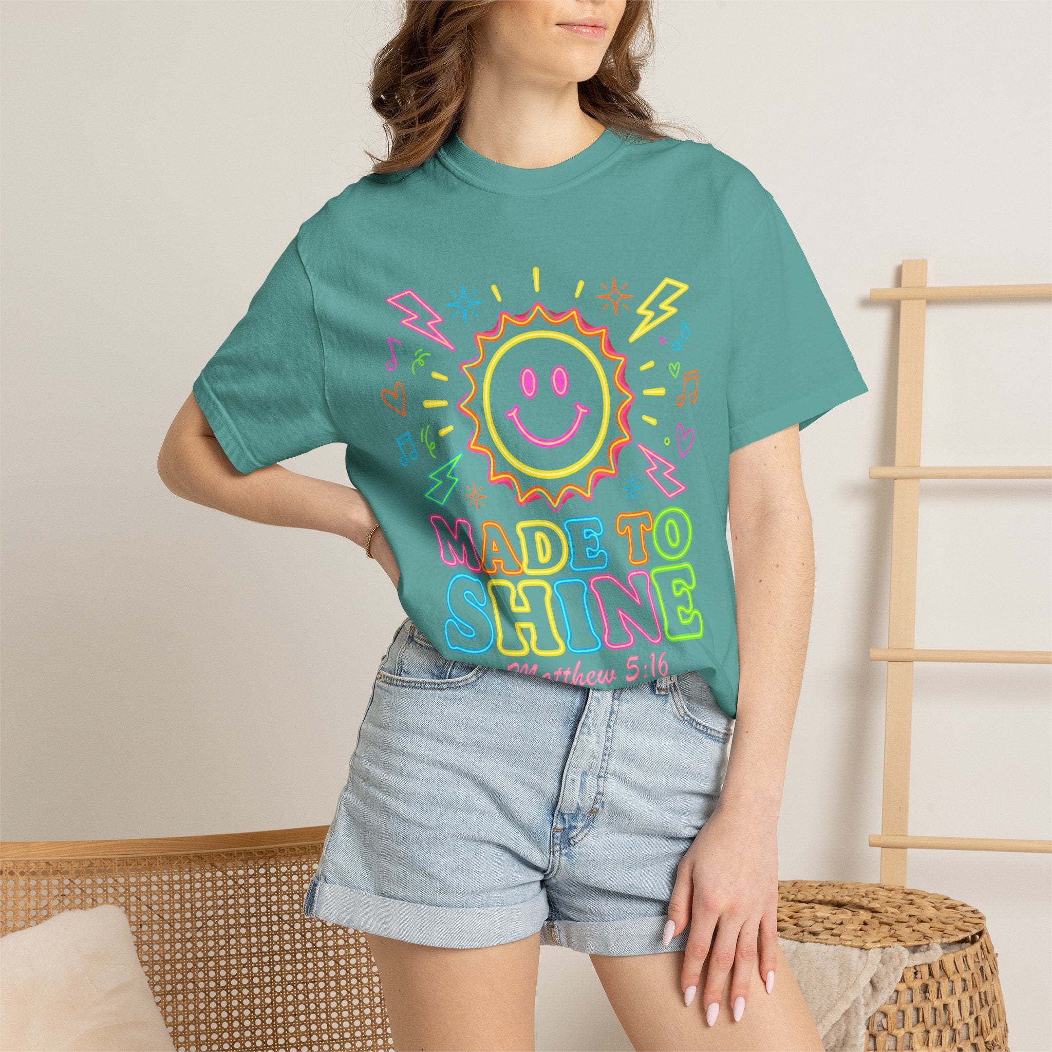 Made to Shine T‑Shirt — Pastel Smiley Sun Christian Graphic (Matthew 5:16)