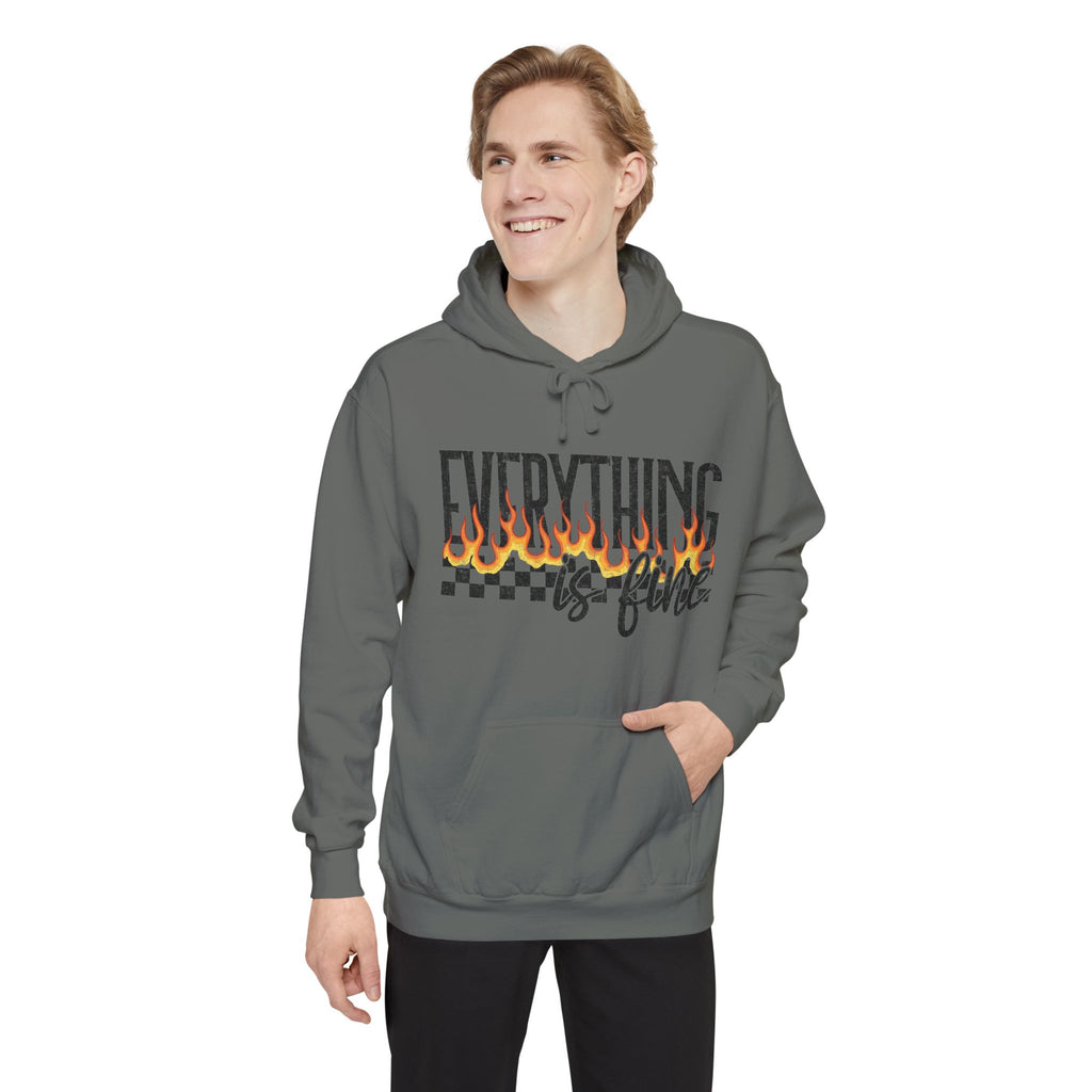 Everything Is Fine Hoodie — Retro Flame Checkerboard Graphic Pullover