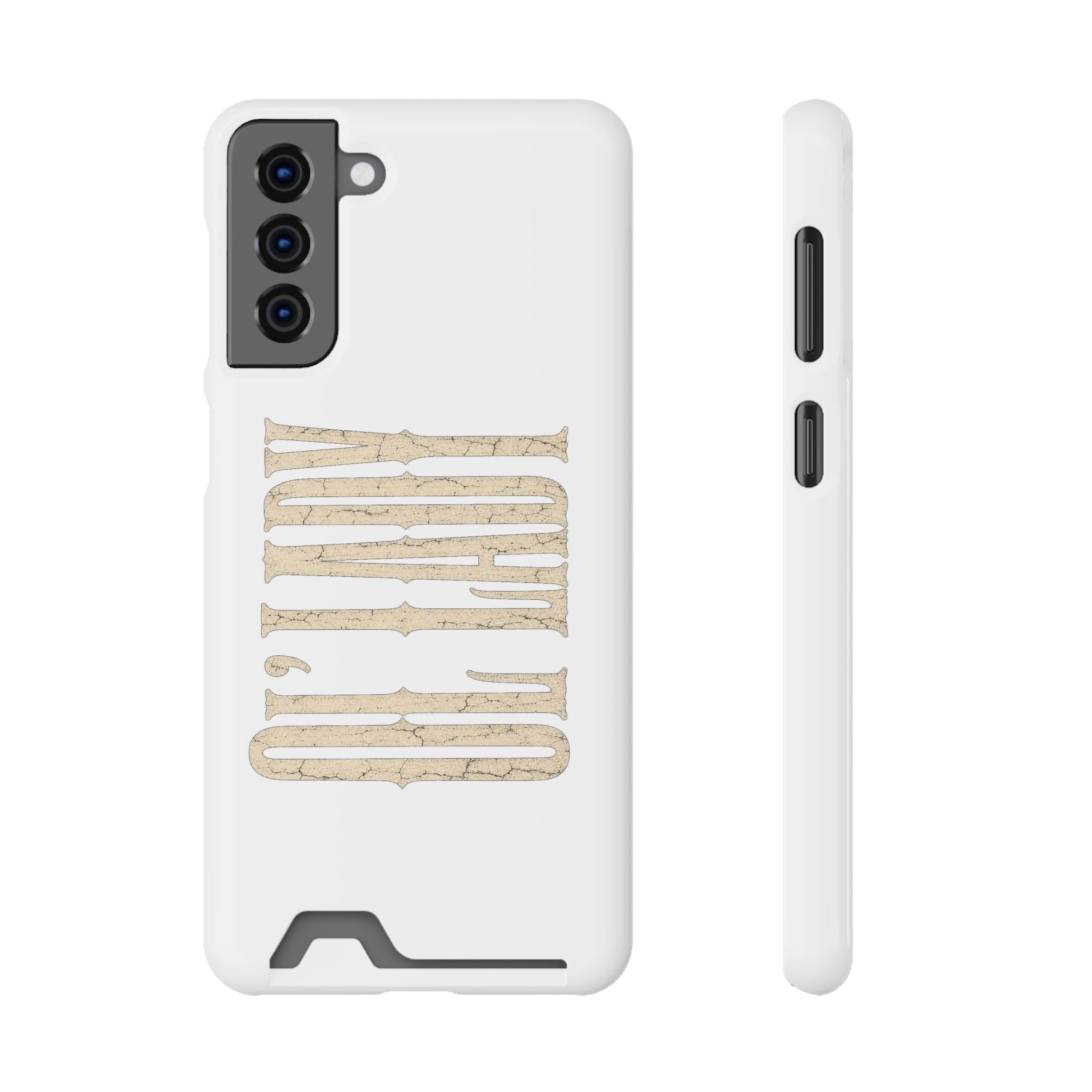 Card Holder Phone Case — Vintage Beige 'Old Soul' Typography