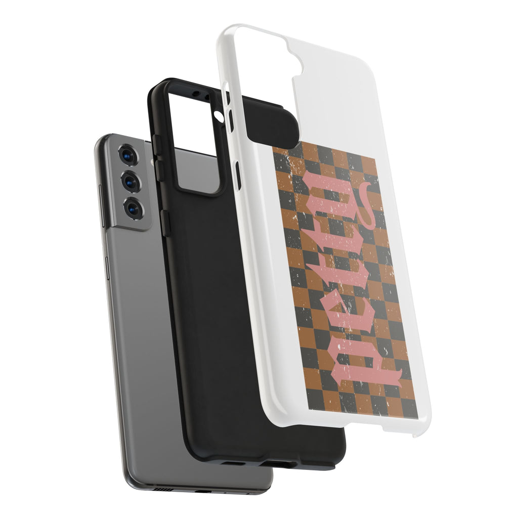 Checkerboard 'Tough' Retro Phone Case — Pink Gothic Text, Grunge Pattern