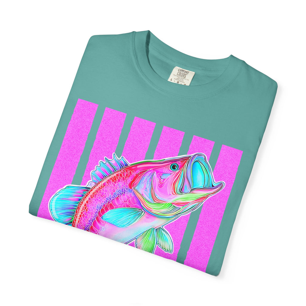 Neon Bass Fish T-Shirt — Retro Pink Stripe Fishing Tee