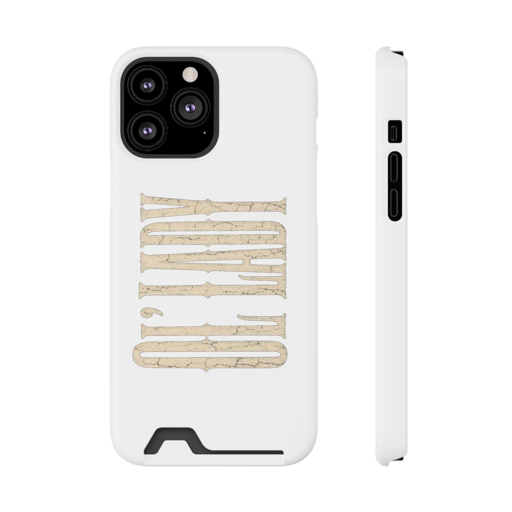 Card Holder Phone Case — Vintage Beige 'Old Soul' Typography