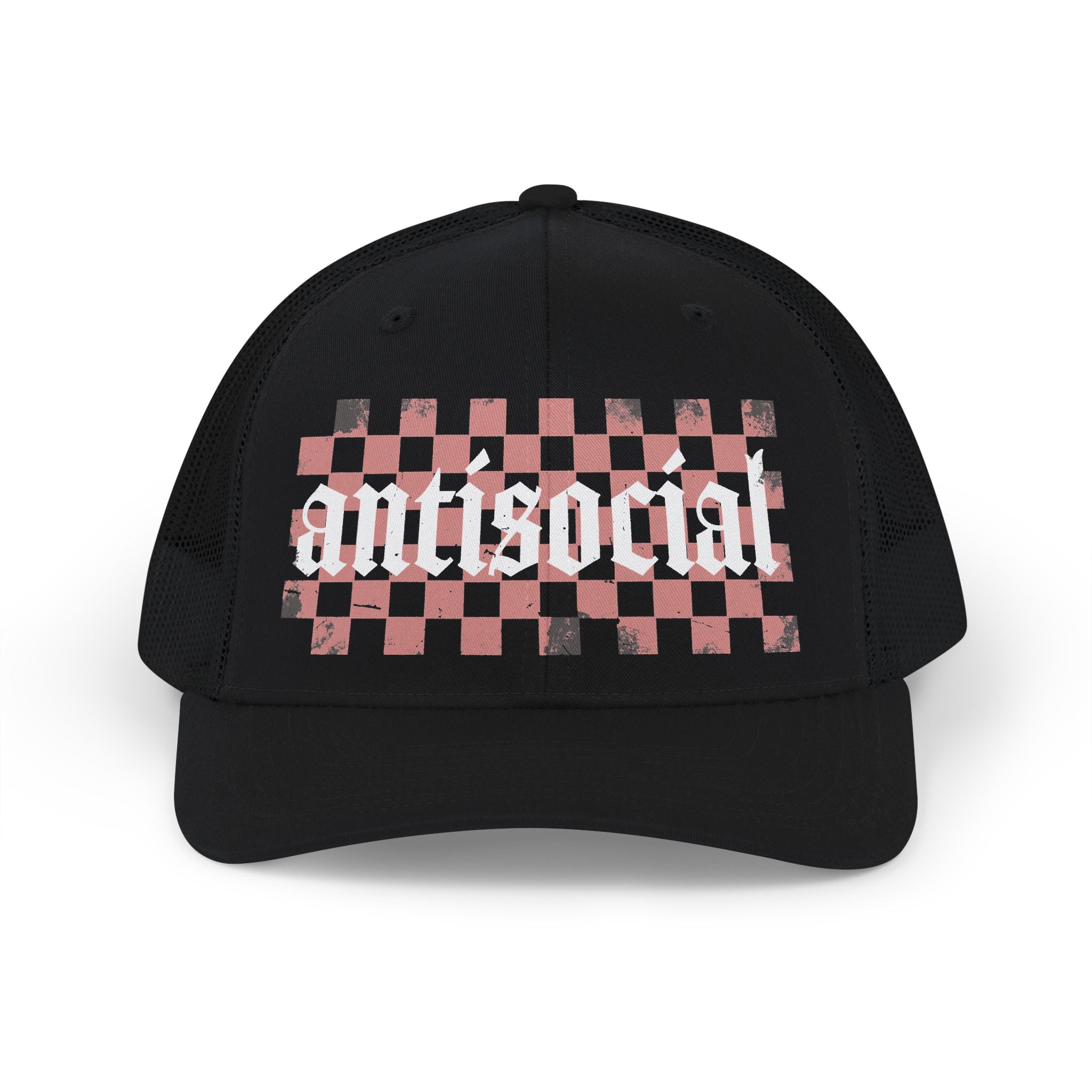 Antisocial Checkerboard Snapback Trucker Cap — Edgy Pink & Black Mesh Hat