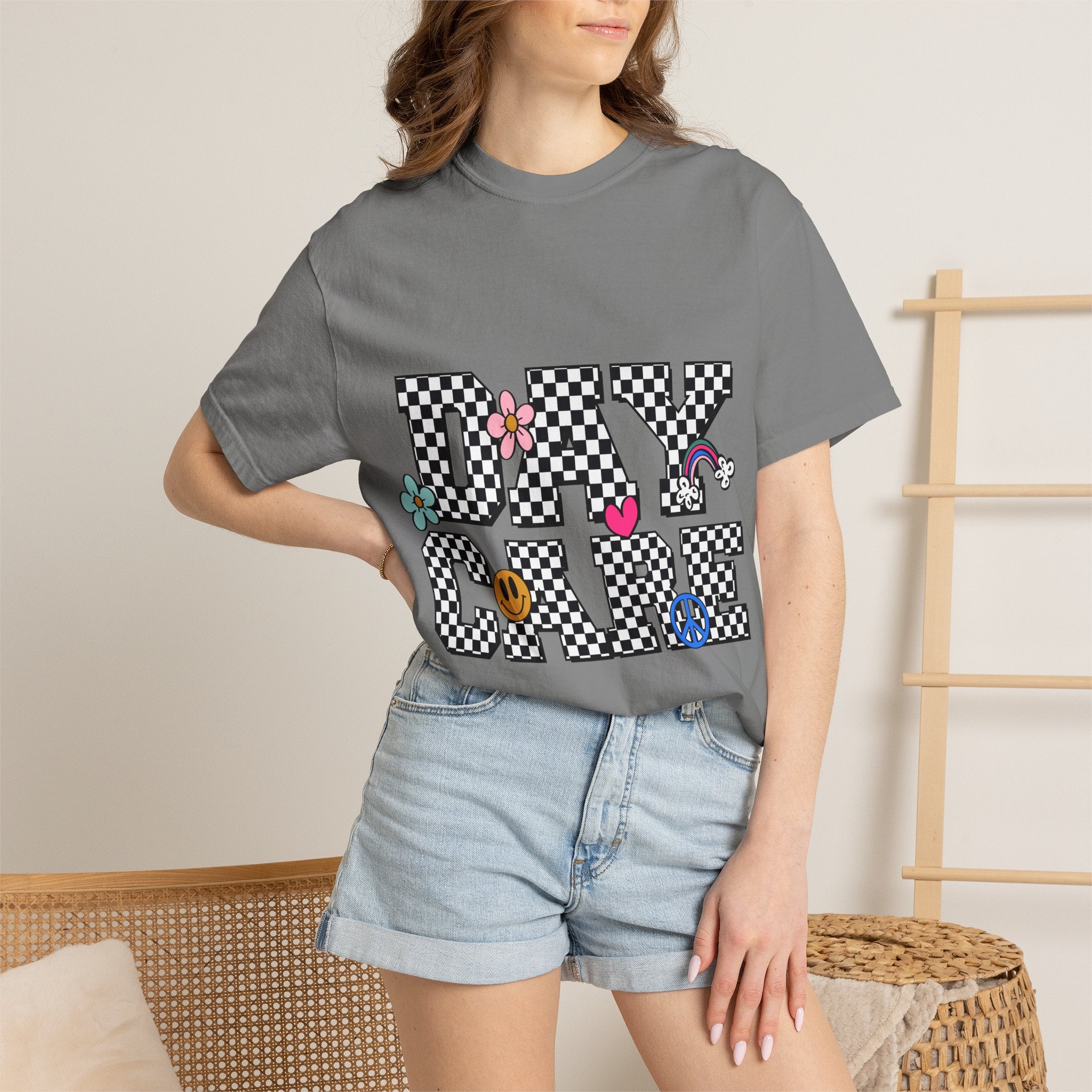 Day Care Checkerboard T‑Shirt — Playful Smiley & Floral Kids Graphic Tee