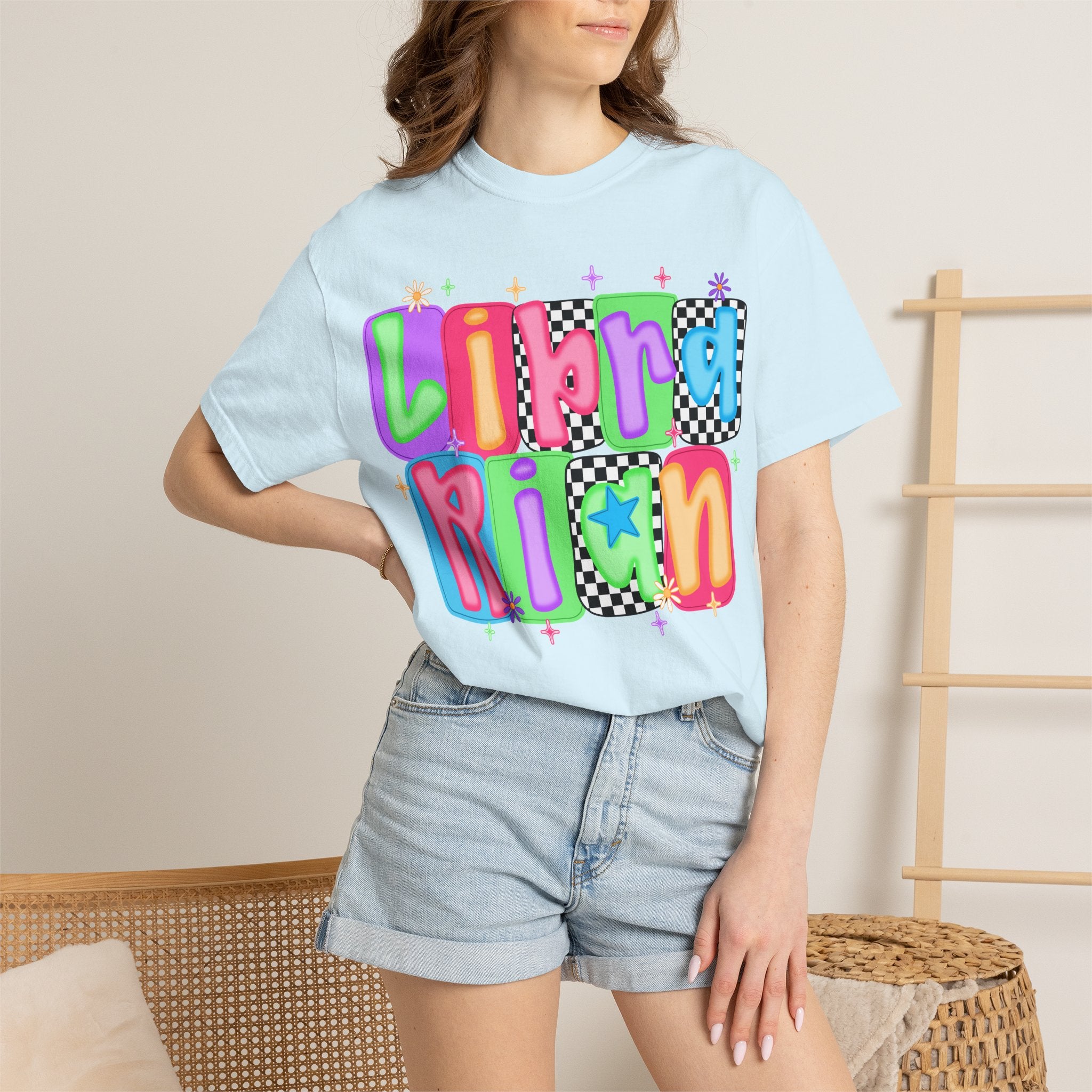 Librarian Retro Bubble Letter T-Shirt — Colorful Checkerboard Book Lover Tee