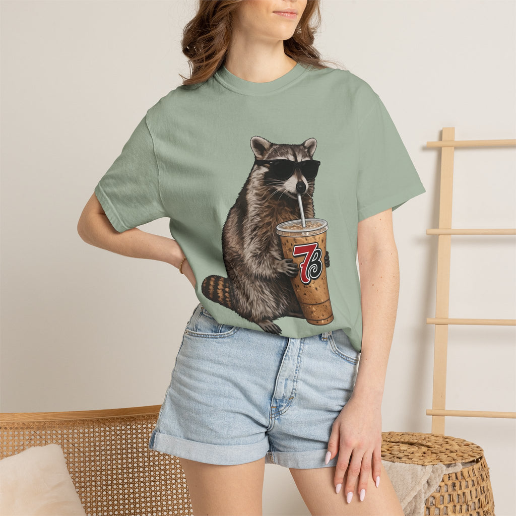 Raccoon Iced Coffee T-Shirt — Cute Raccoon Drinking 76oz Iced Coffee Graphic Tee