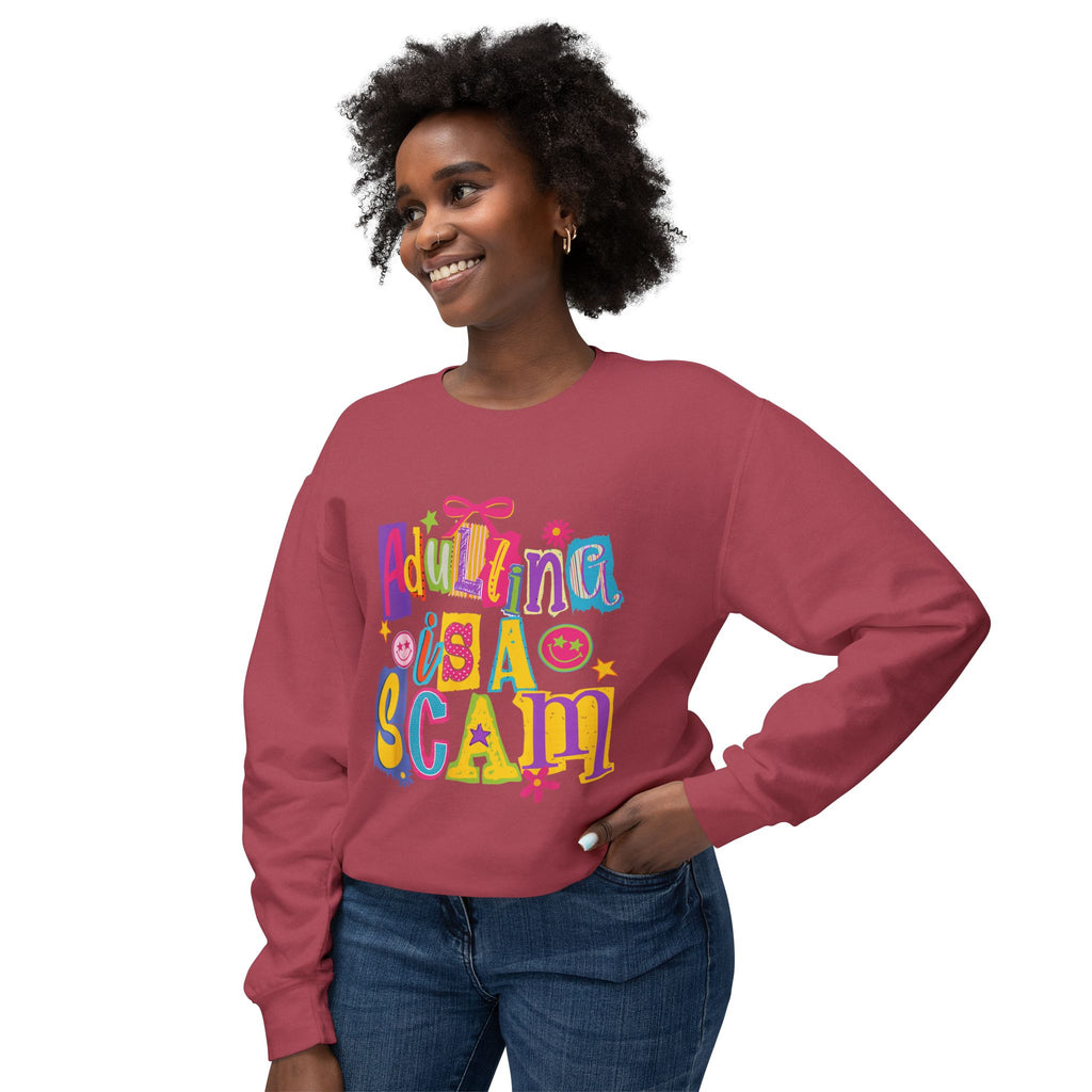 Crewneck Sweatshirt — “Adulthood Is A Scam” Colorful Graphic
