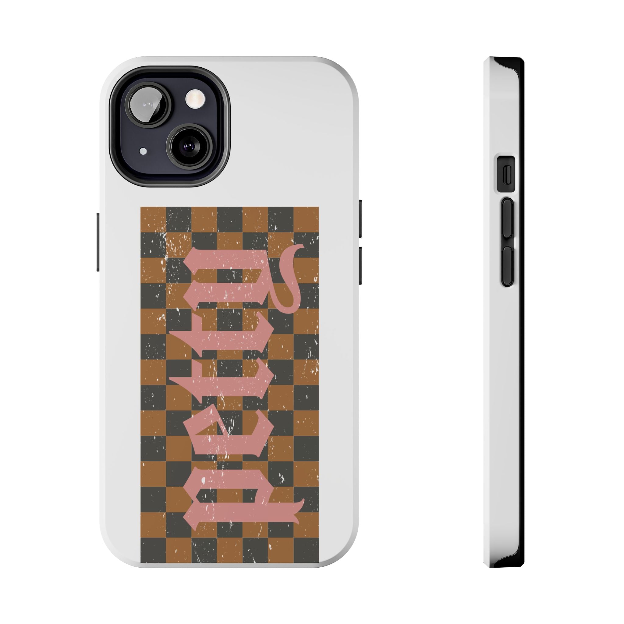 Checkerboard 'Tough' Retro Phone Case — Pink Gothic Text, Grunge Pattern