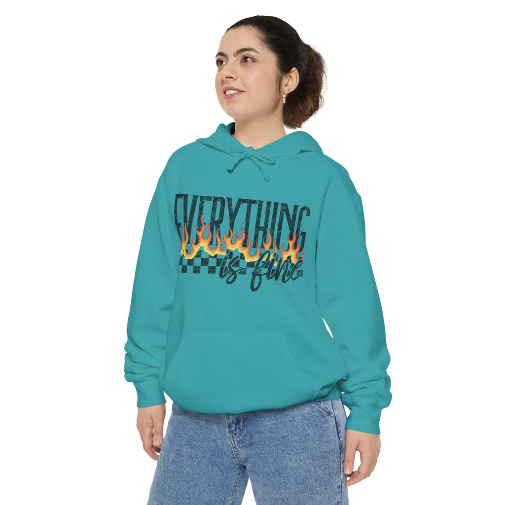 Everything Is Fine Hoodie — Retro Flame Checkerboard Graphic Pullover