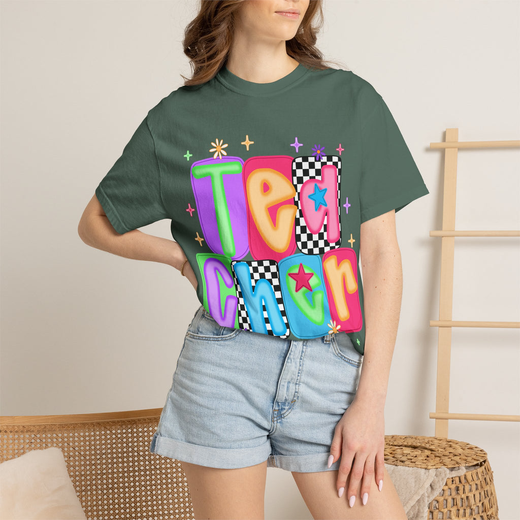 Teacher Retro Bubble Letter T-Shirt — Colorful Checkerboard & Star Teacher Shirt