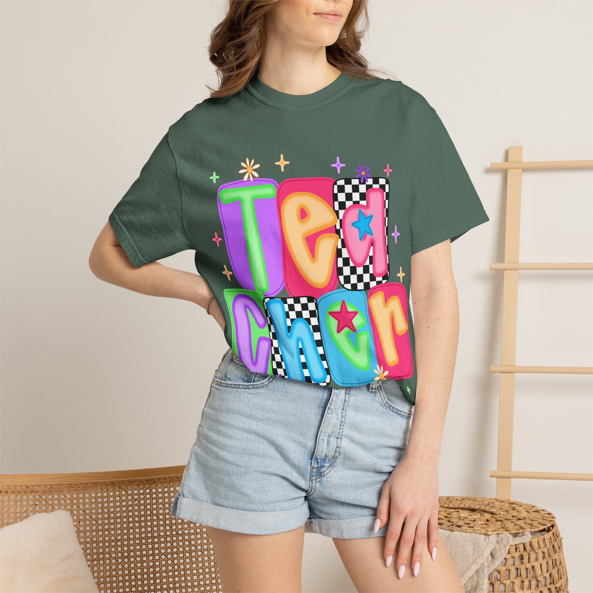 Teacher Retro Bubble Letter T-Shirt — Colorful Checkerboard & Star Teacher Shirt