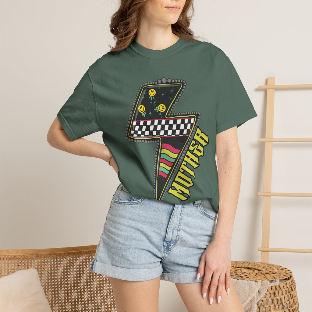 Lightning Bolt Graphic T‑Shirt — Retro Checker & 'Mother' Streetwear Tee