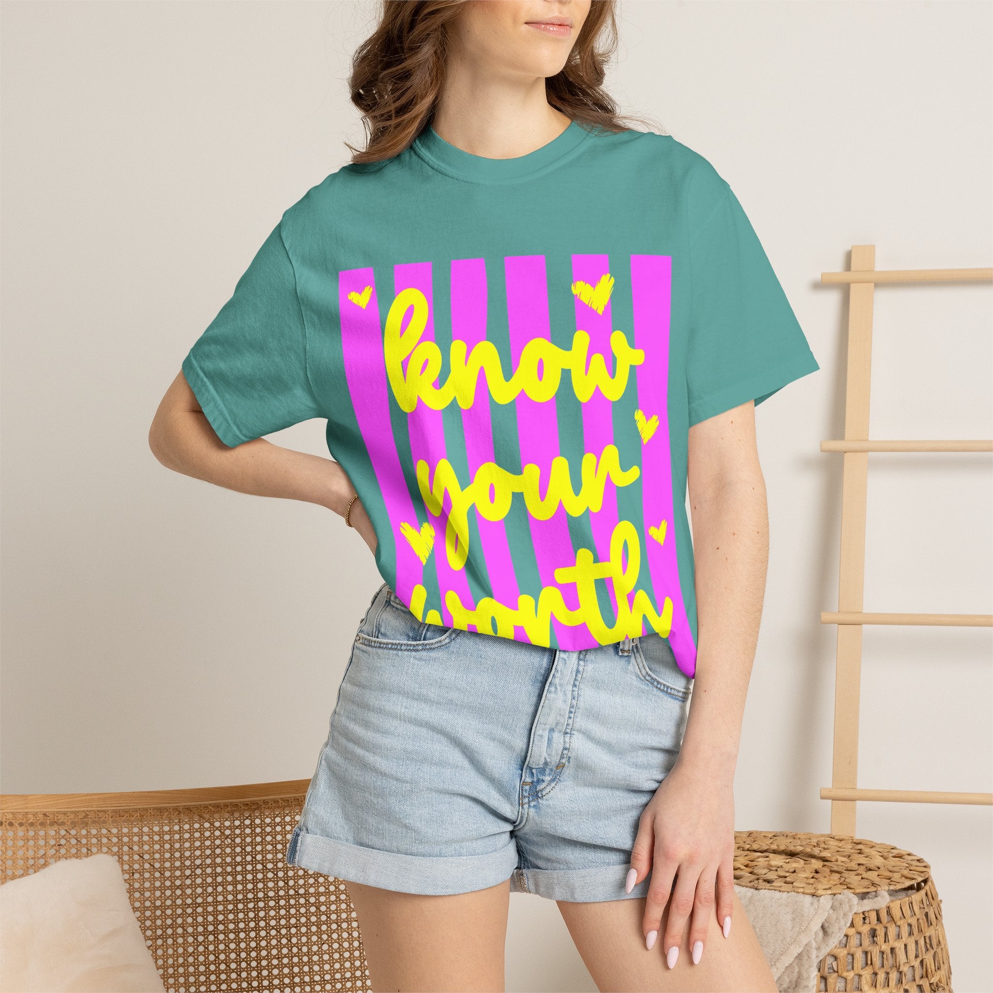 Know Your Worth T-Shirt — Bright Pink Stripe Motivational Tee