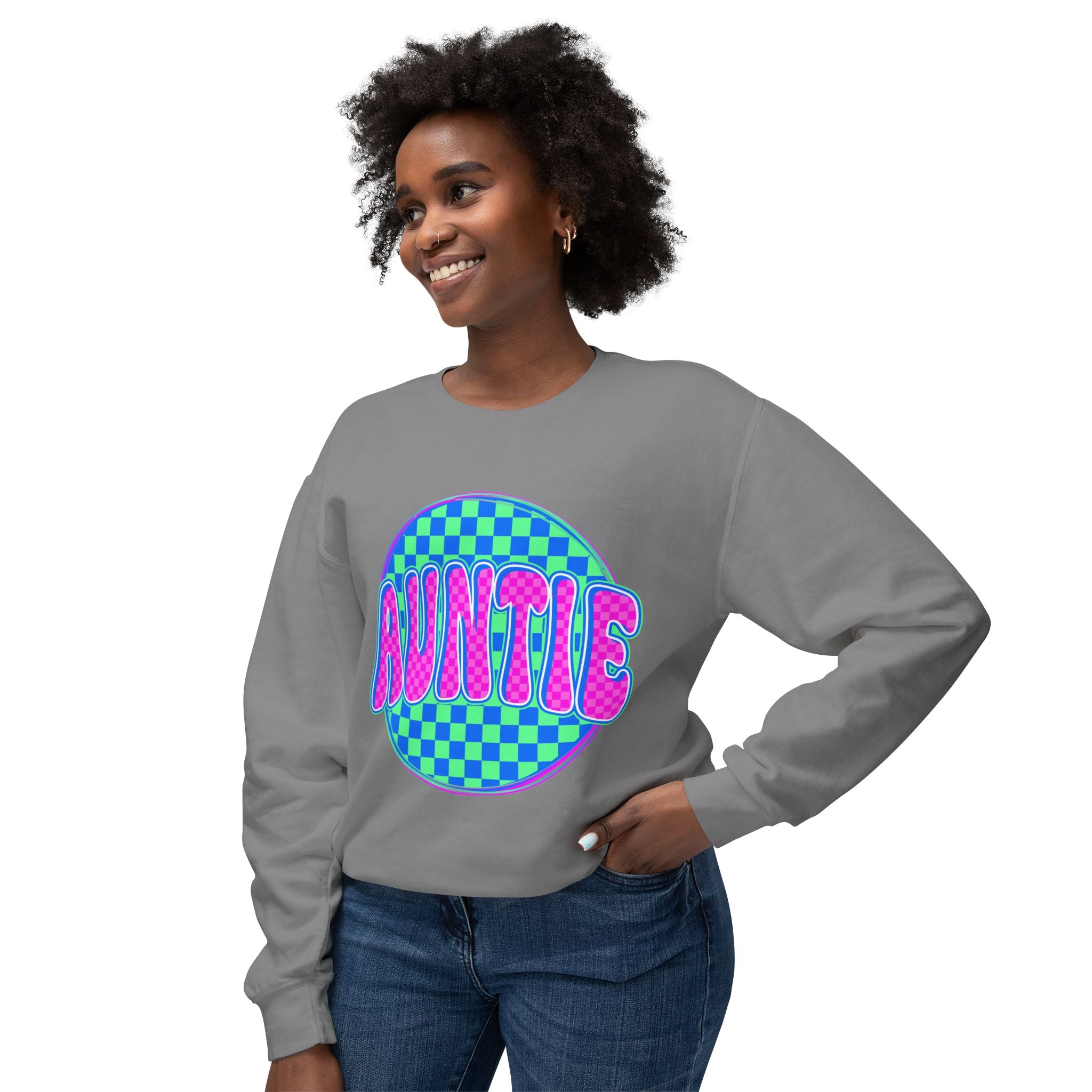 Auntie Graphic Sweatshirt — Retro Checkerboard Neon Design