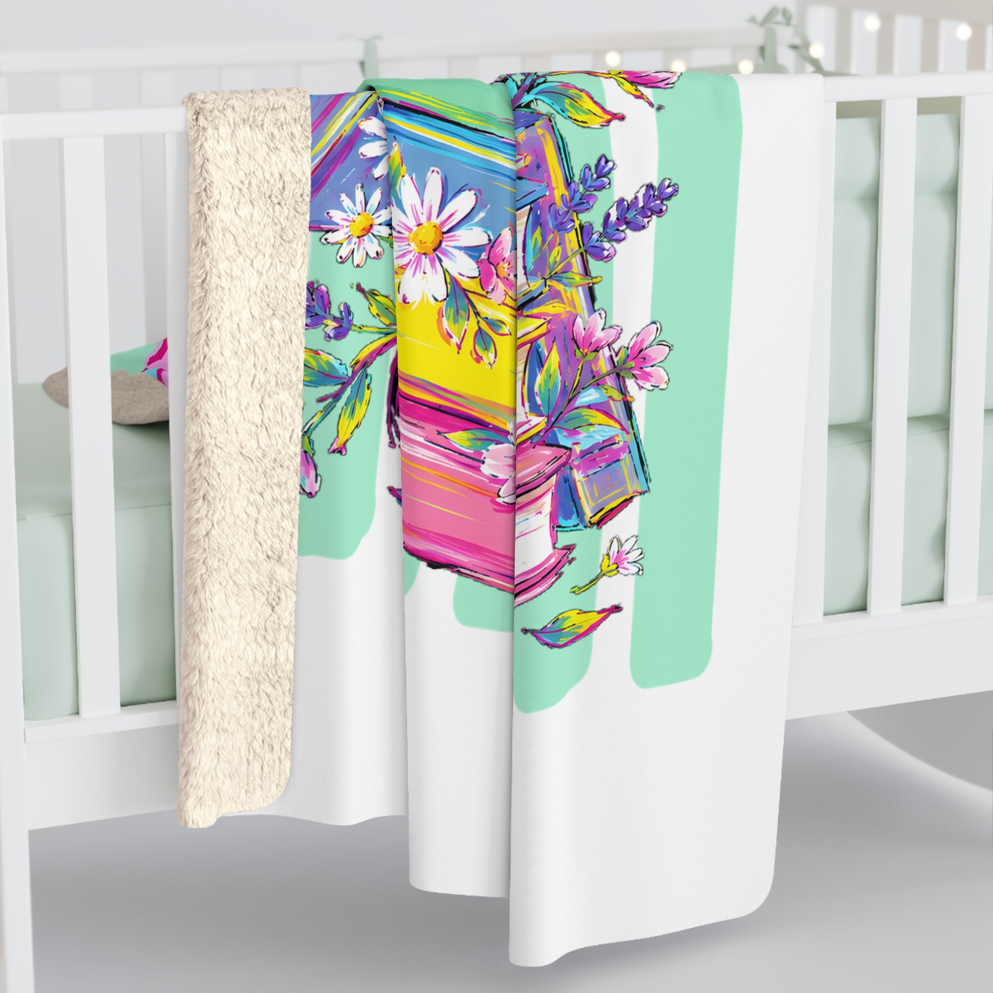 Book Lover Sherpa Blanket — Colorful Stacked Books & Floral Cozy Throw