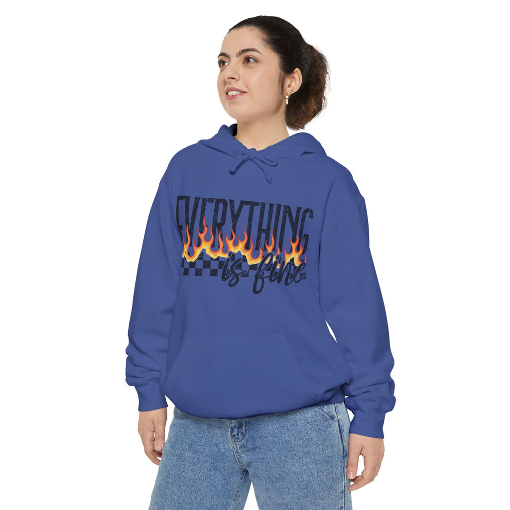Everything Is Fine Hoodie — Retro Flame Checkerboard Graphic Pullover