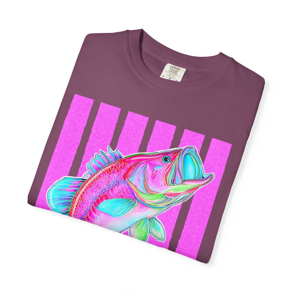 Neon Bass Fish T-Shirt — Retro Pink Stripe Fishing Tee