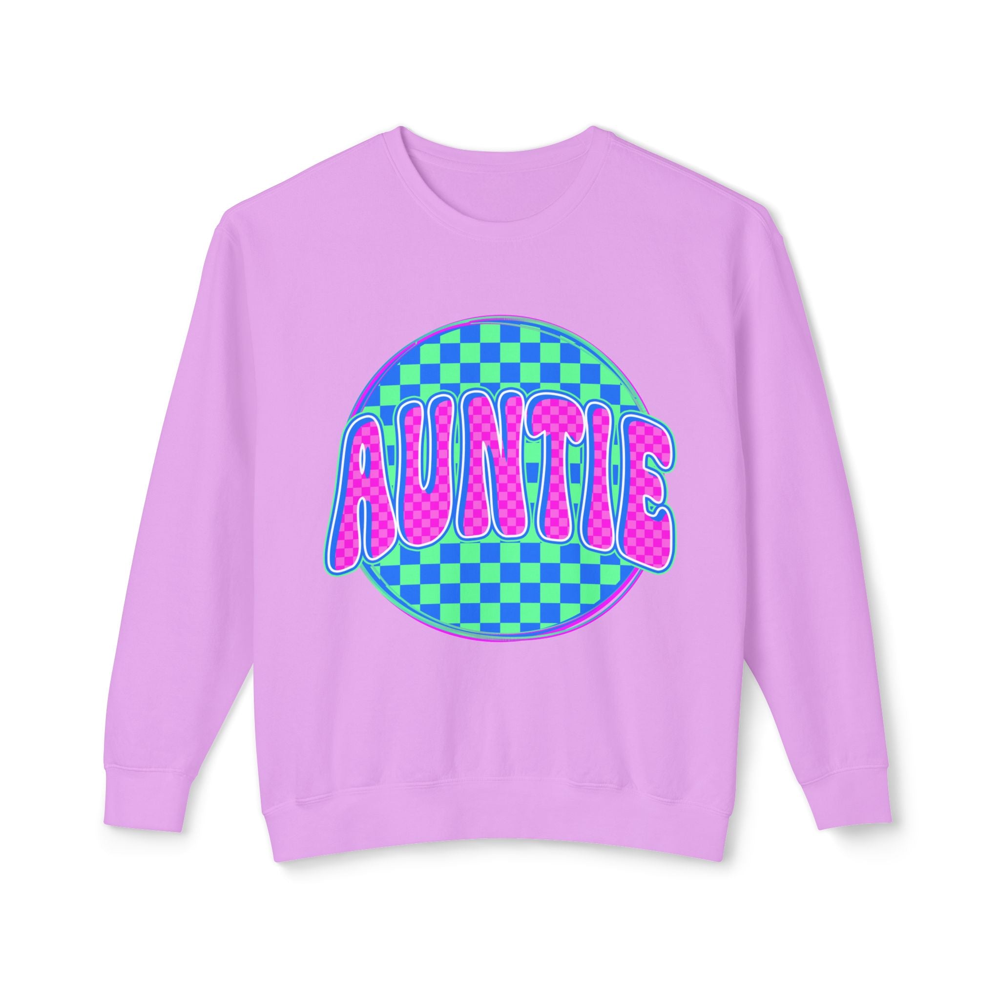 Auntie Graphic Sweatshirt — Retro Checkerboard Neon Design
