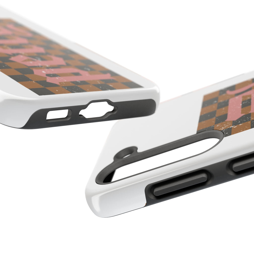 Checkerboard 'Tough' Retro Phone Case — Pink Gothic Text, Grunge Pattern