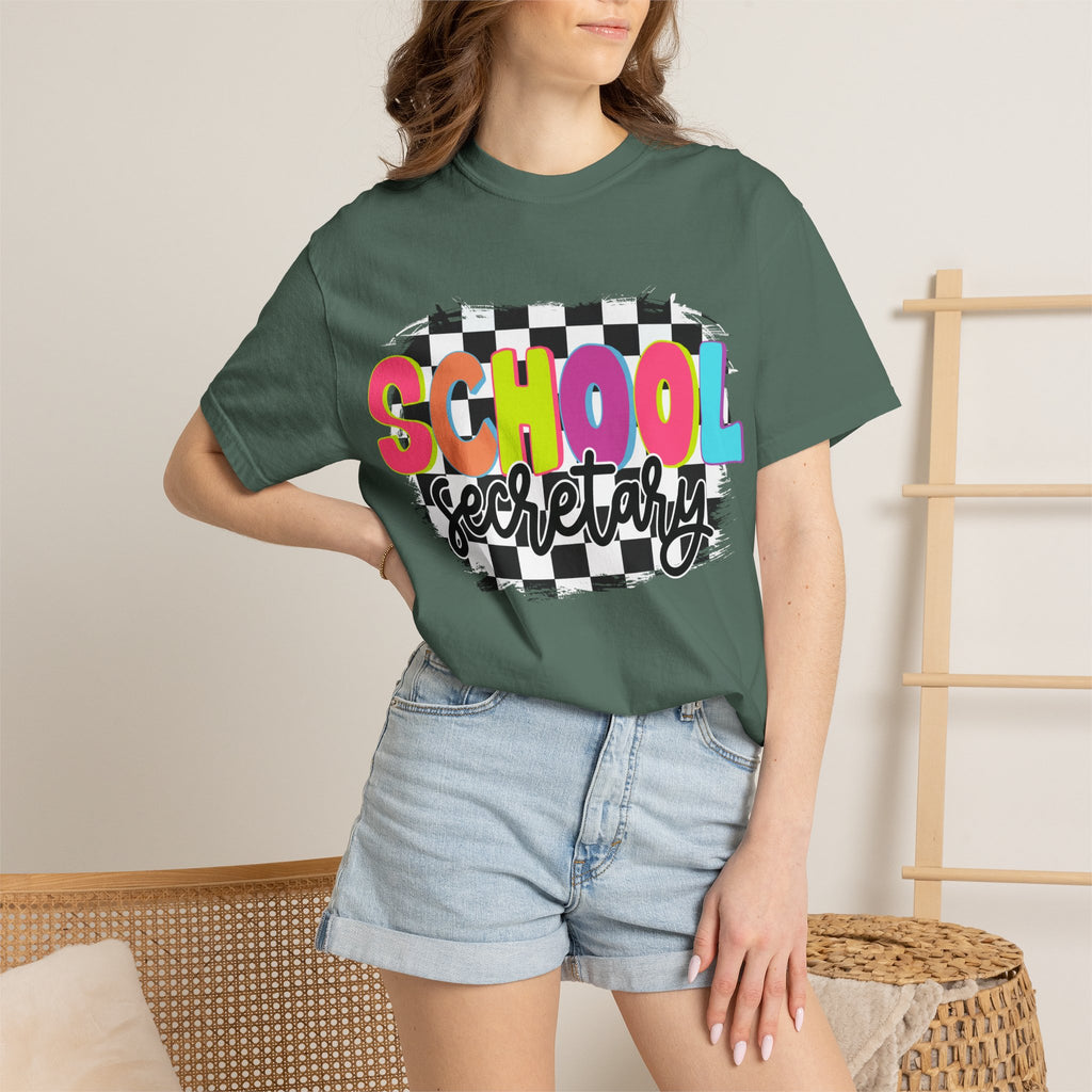 School Secretary T-Shirt — Retro Checkerboard Design
