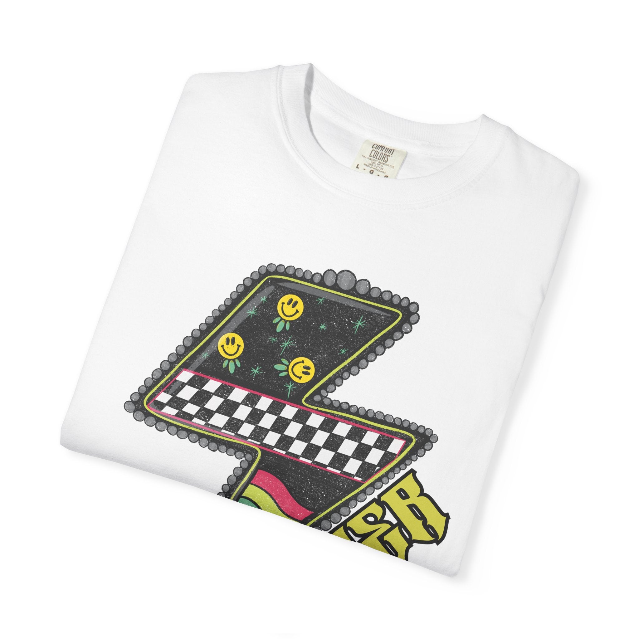 Lightning Bolt Graphic T‑Shirt — Retro Checker & 'Mother' Streetwear Tee