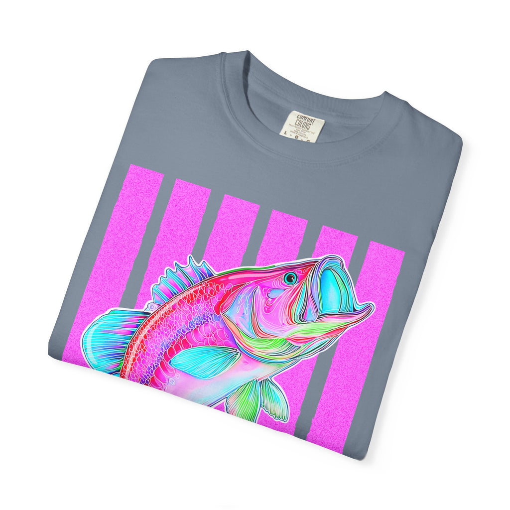 Neon Bass Fish T-Shirt — Retro Pink Stripe Fishing Tee