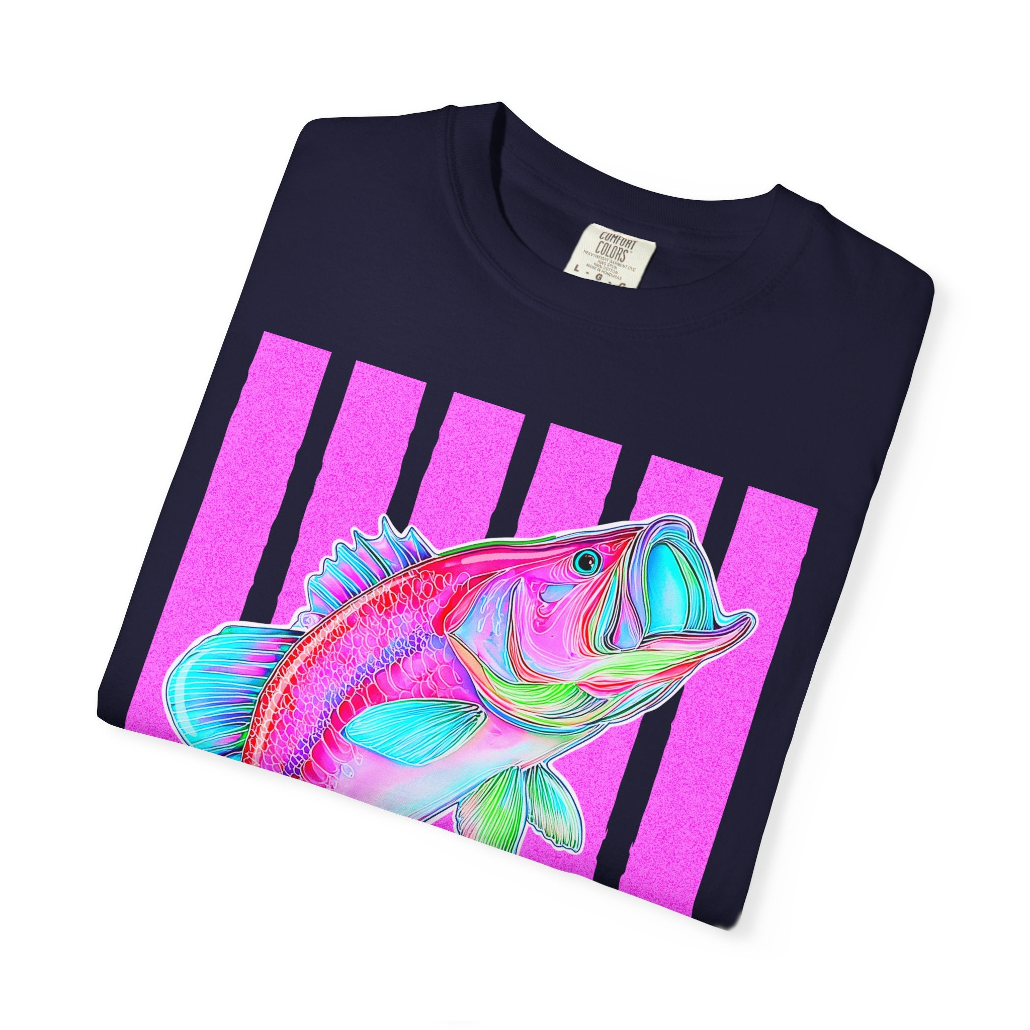Neon Bass Fish T-Shirt — Retro Pink Stripe Fishing Tee