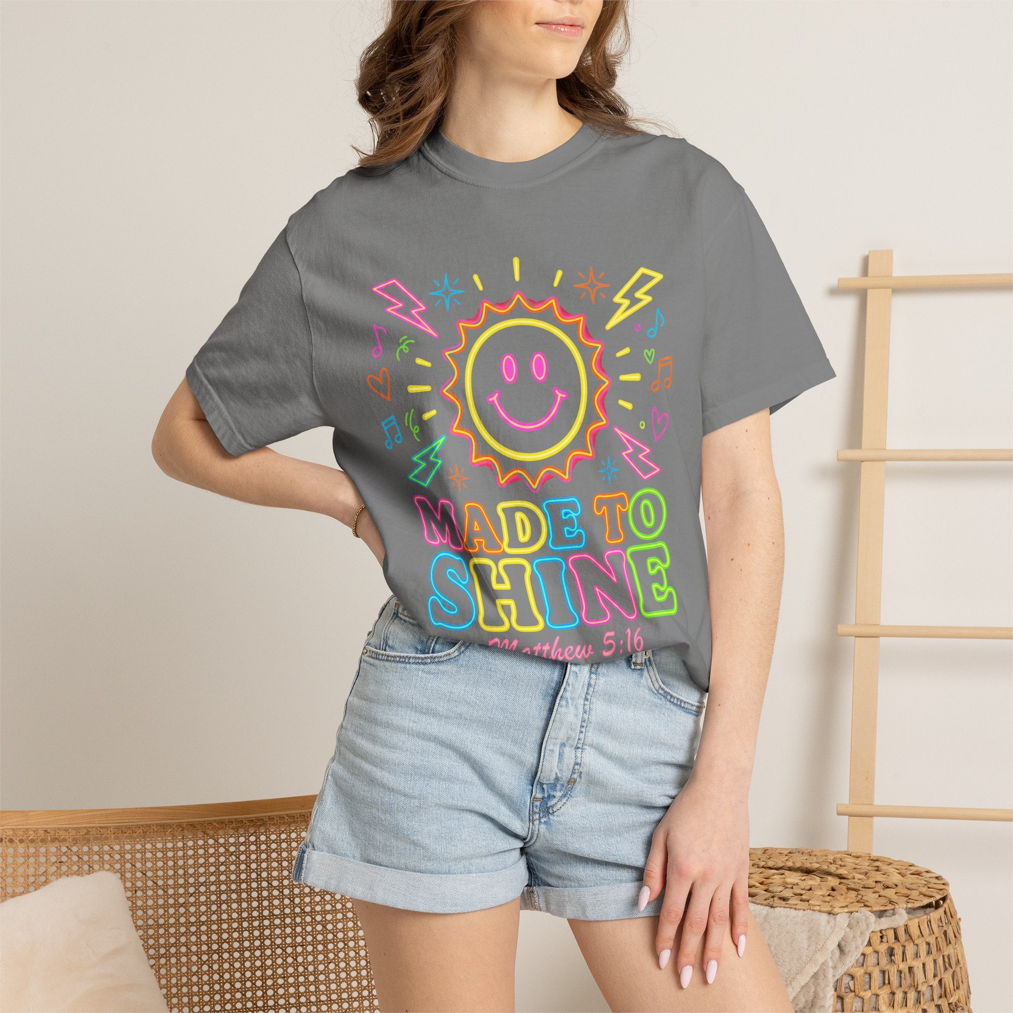 Made to Shine T‑Shirt — Pastel Smiley Sun Christian Graphic (Matthew 5:16)