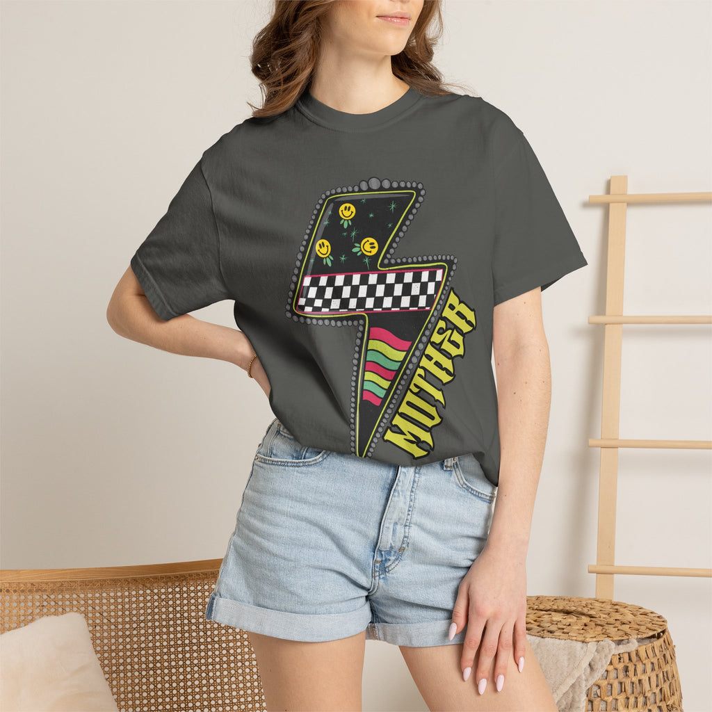 Lightning Bolt Graphic T‑Shirt — Retro Checker & 'Mother' Streetwear Tee