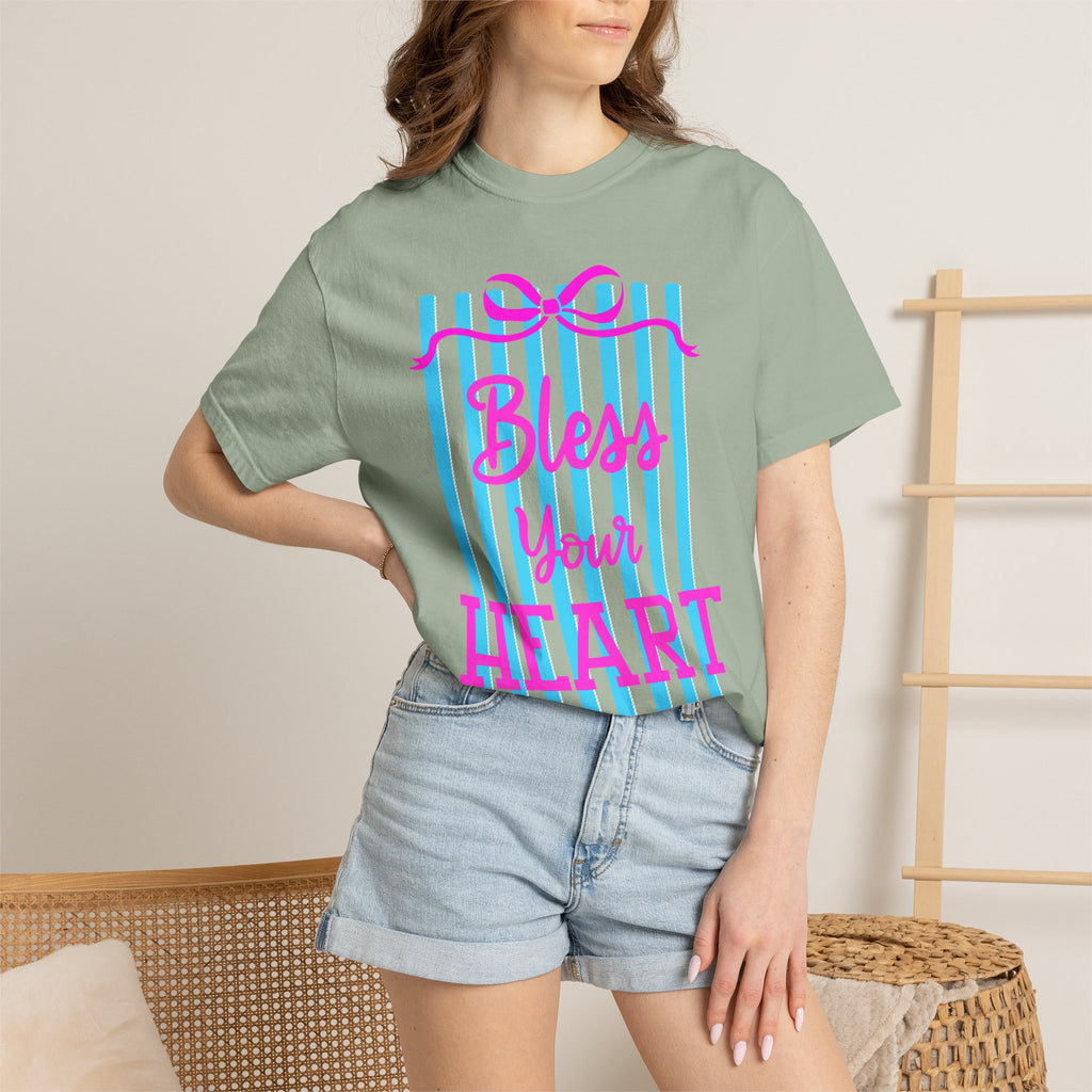 Bless Your Heart T-Shirt — Southern Phrase Graphic Tee (Pink & Blue Stripes)