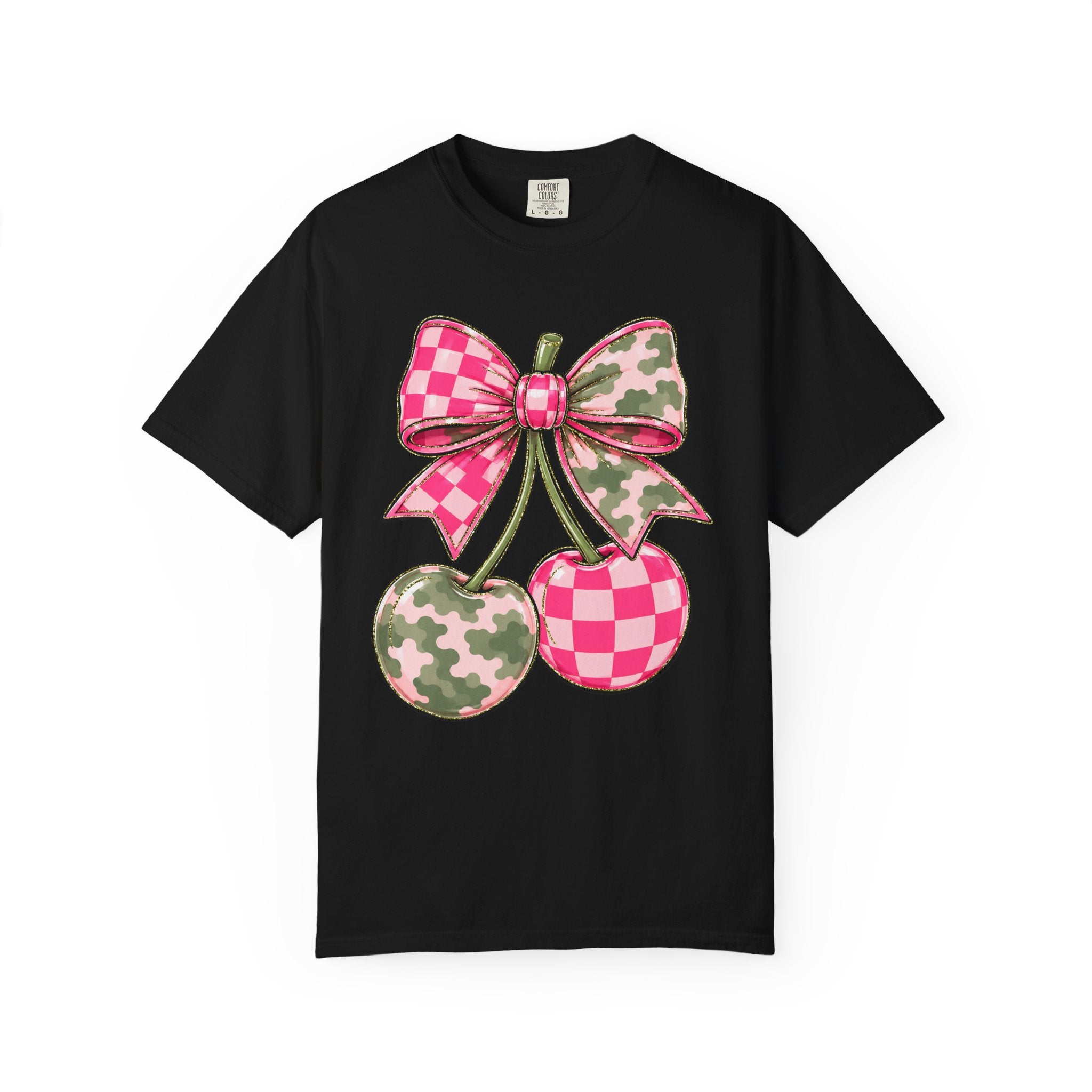 Pink Camo Checker Cherry Tee — Bow Graphic T-Shirt