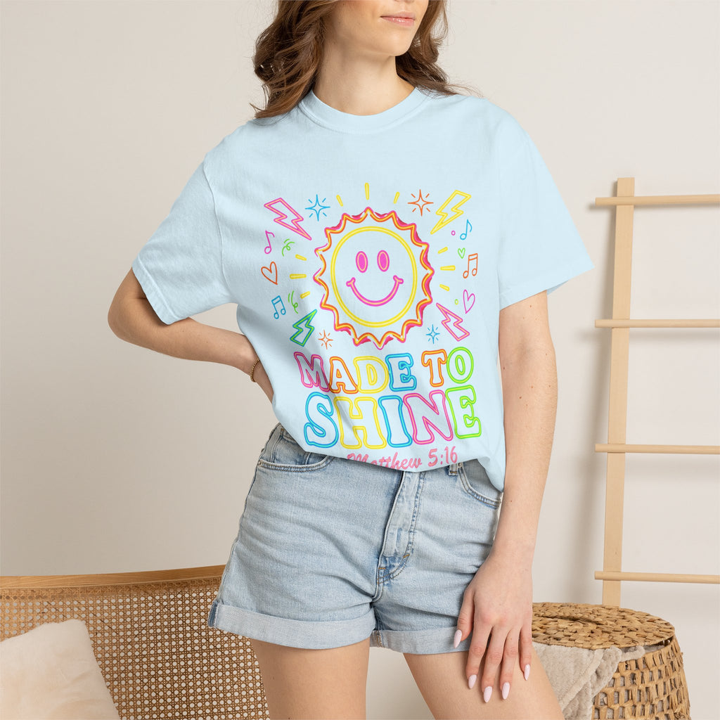 Made to Shine T‑Shirt — Pastel Smiley Sun Christian Graphic (Matthew 5:16)