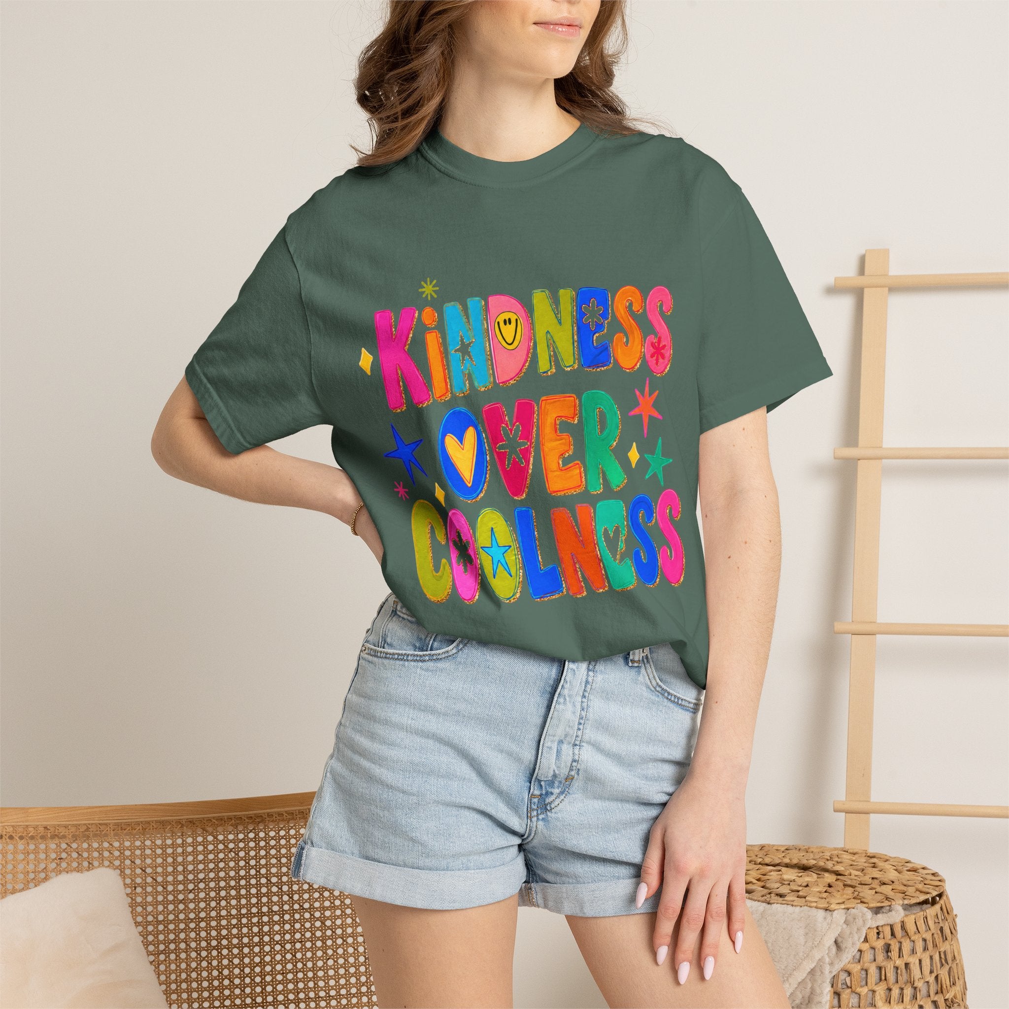 Kindness Over Coolness Graphic T-Shirt — Colorful Positive Message Tee