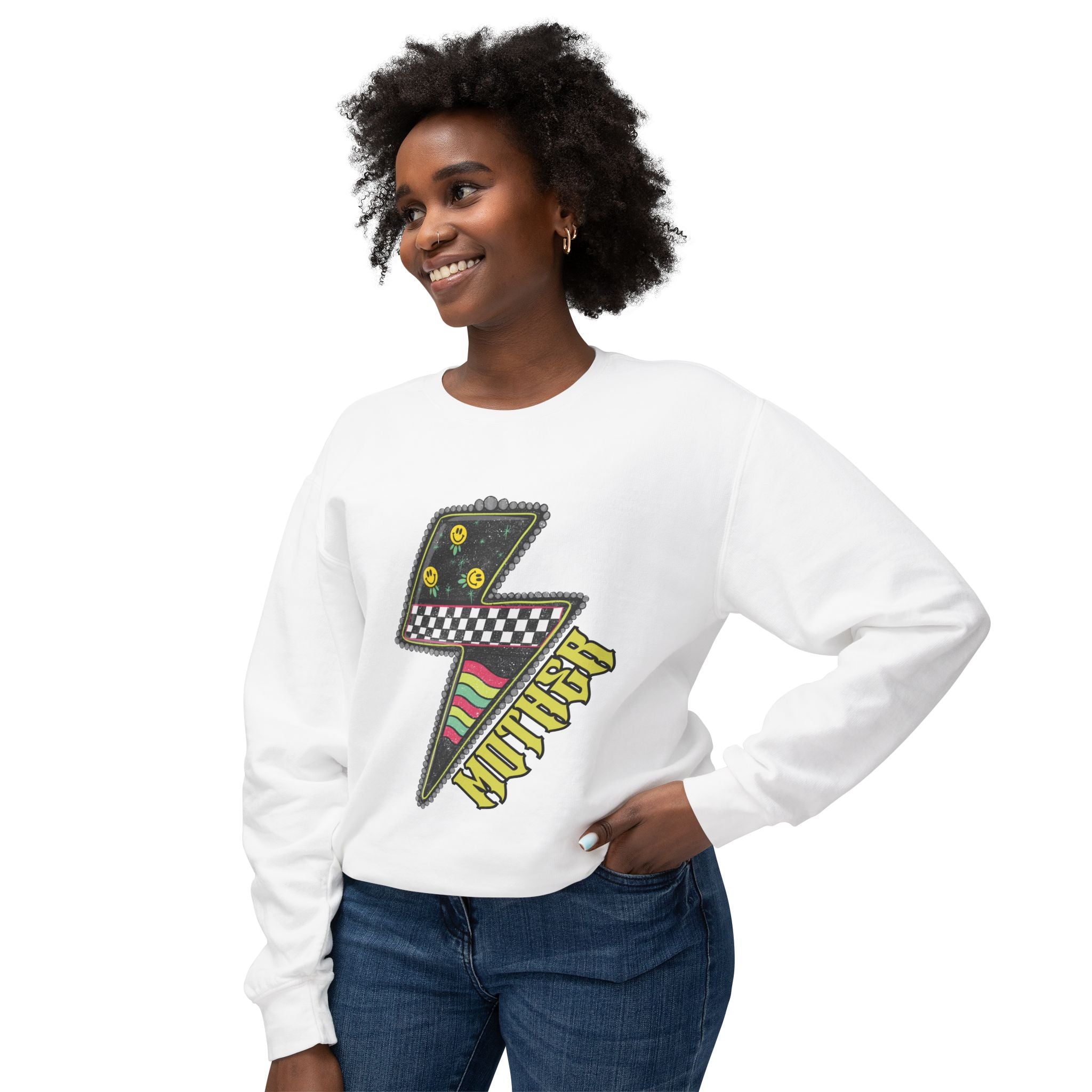 Lightning Bolt Graphic Sweatshirt — Retro Checkered & Neon Pattern Crewneck