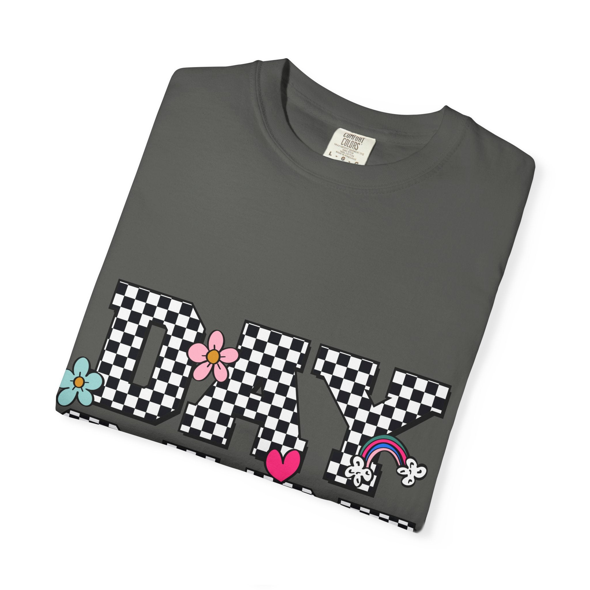 Day Care Checkerboard T‑Shirt — Playful Smiley & Floral Kids Graphic Tee