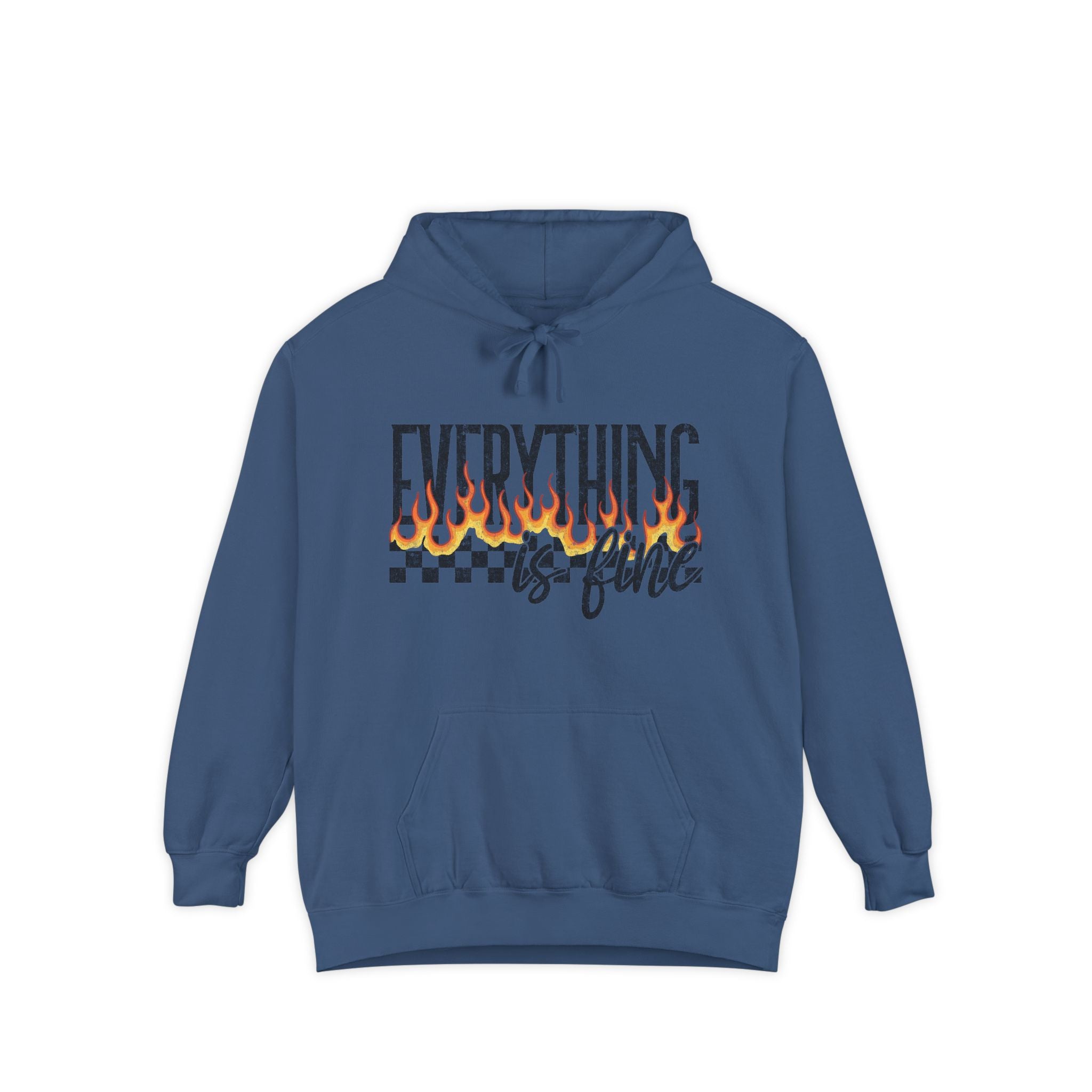 Everything Is Fine Hoodie — Retro Flame Checkerboard Graphic Pullover