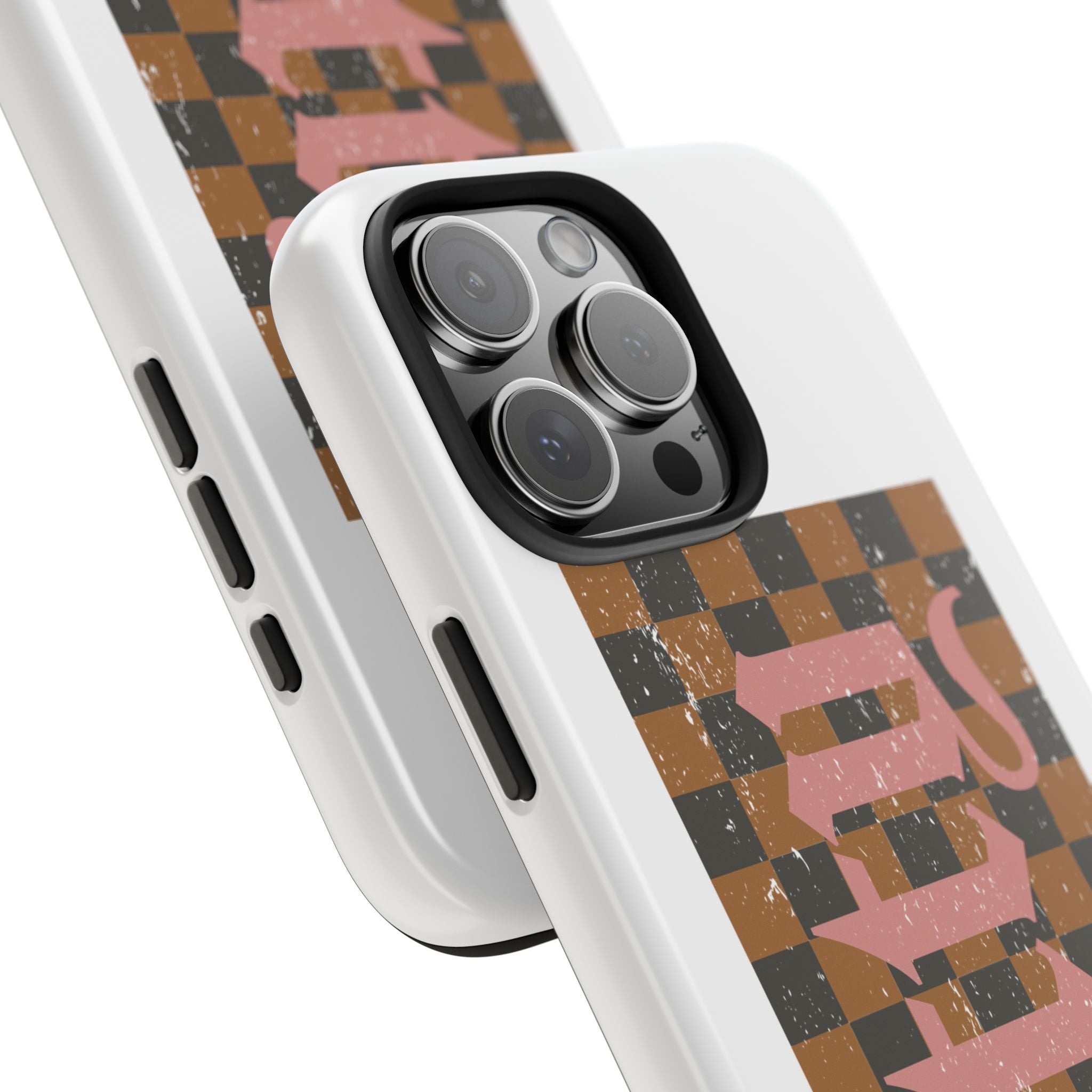 Checkerboard 'Tough' Retro Phone Case — Pink Gothic Text, Grunge Pattern