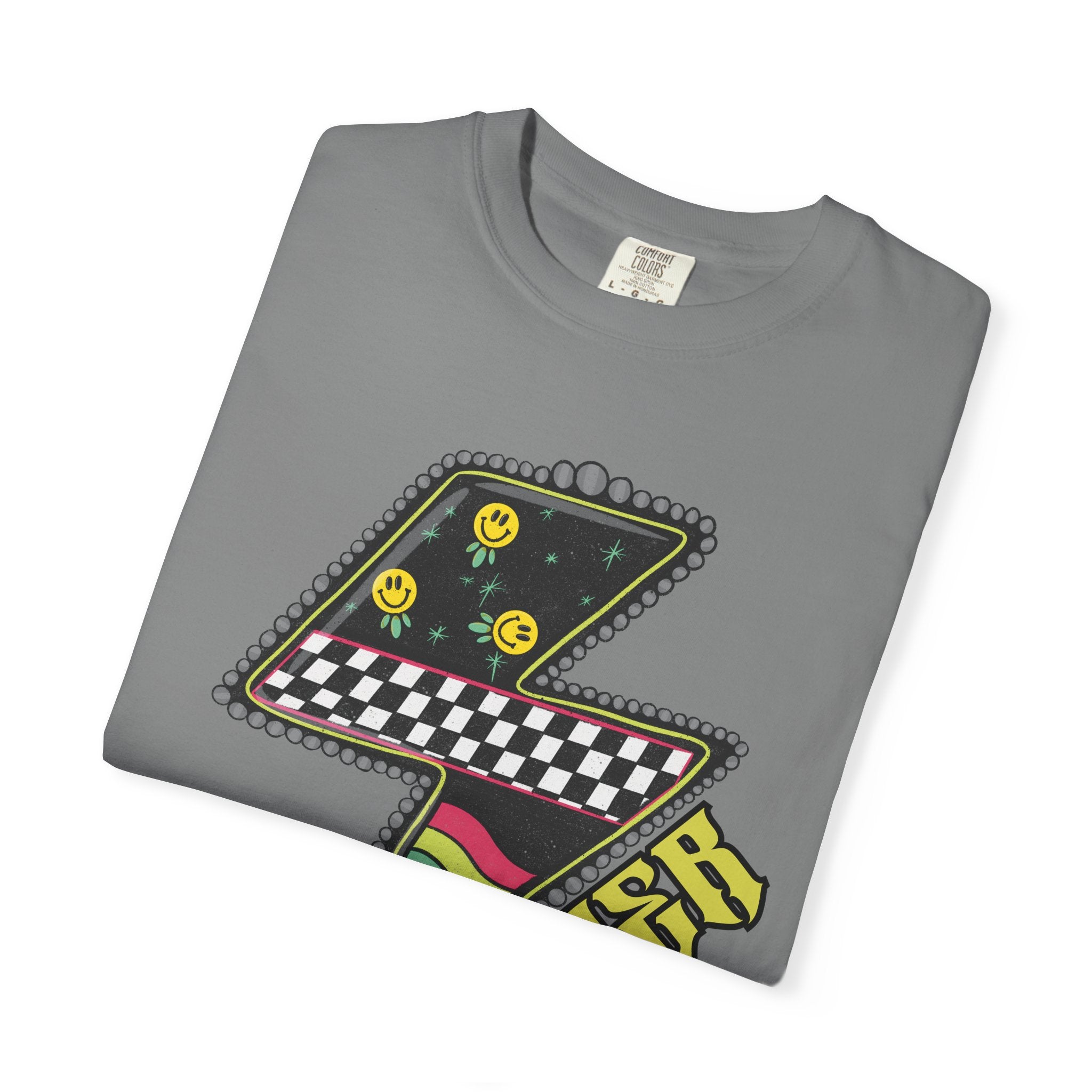 Lightning Bolt Graphic T‑Shirt — Retro Checker & 'Mother' Streetwear Tee