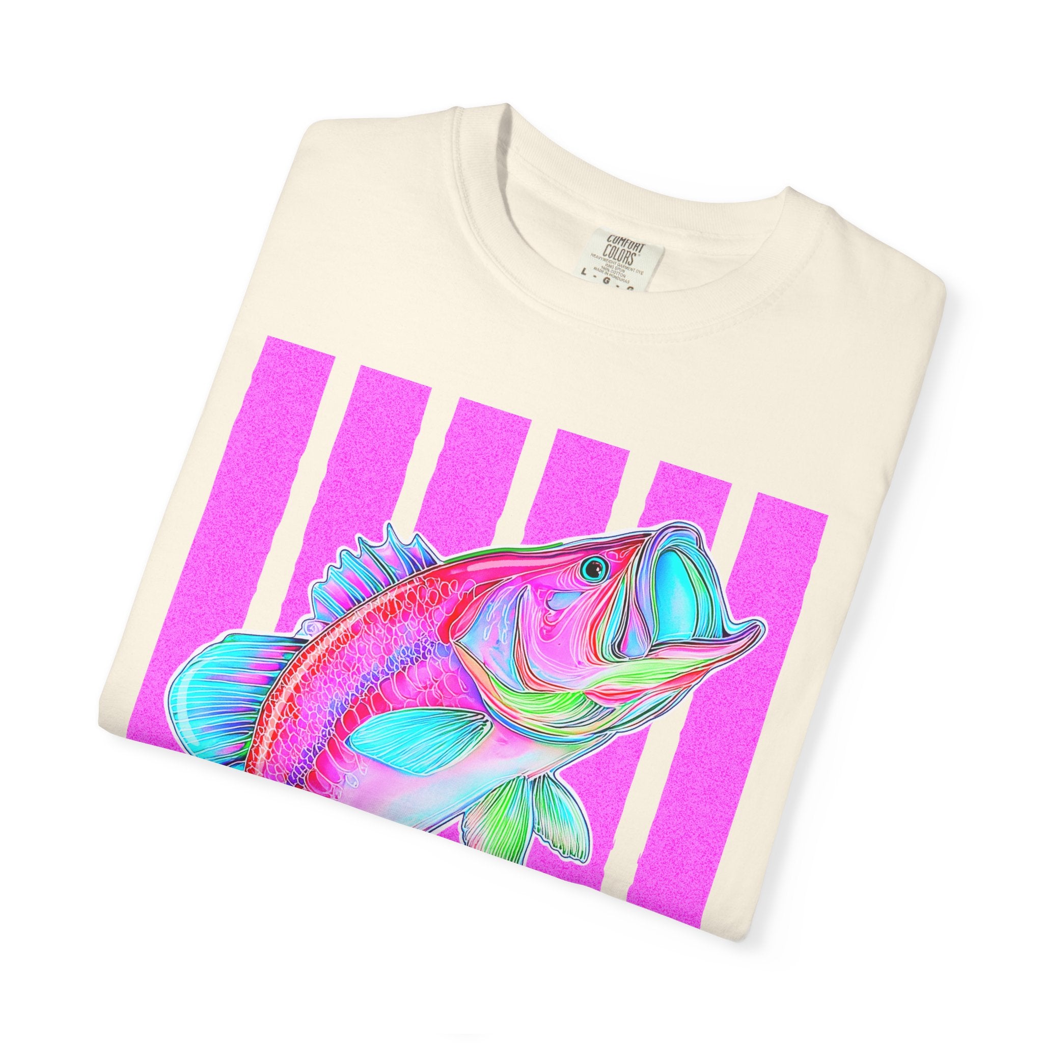 Neon Bass Fish T-Shirt — Retro Pink Stripe Fishing Tee