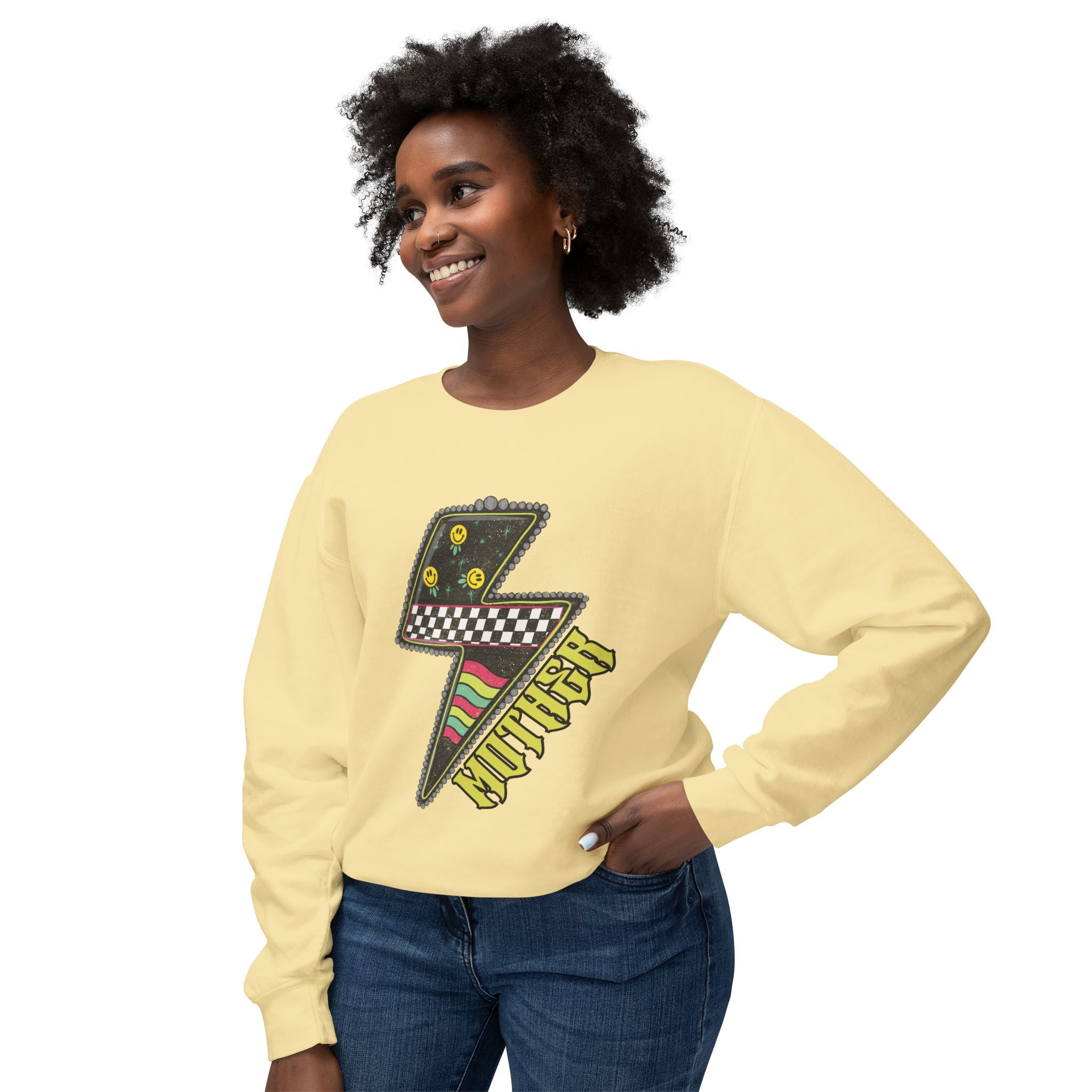 Lightning Bolt Graphic Sweatshirt — Retro Checkered & Neon Pattern Crewneck